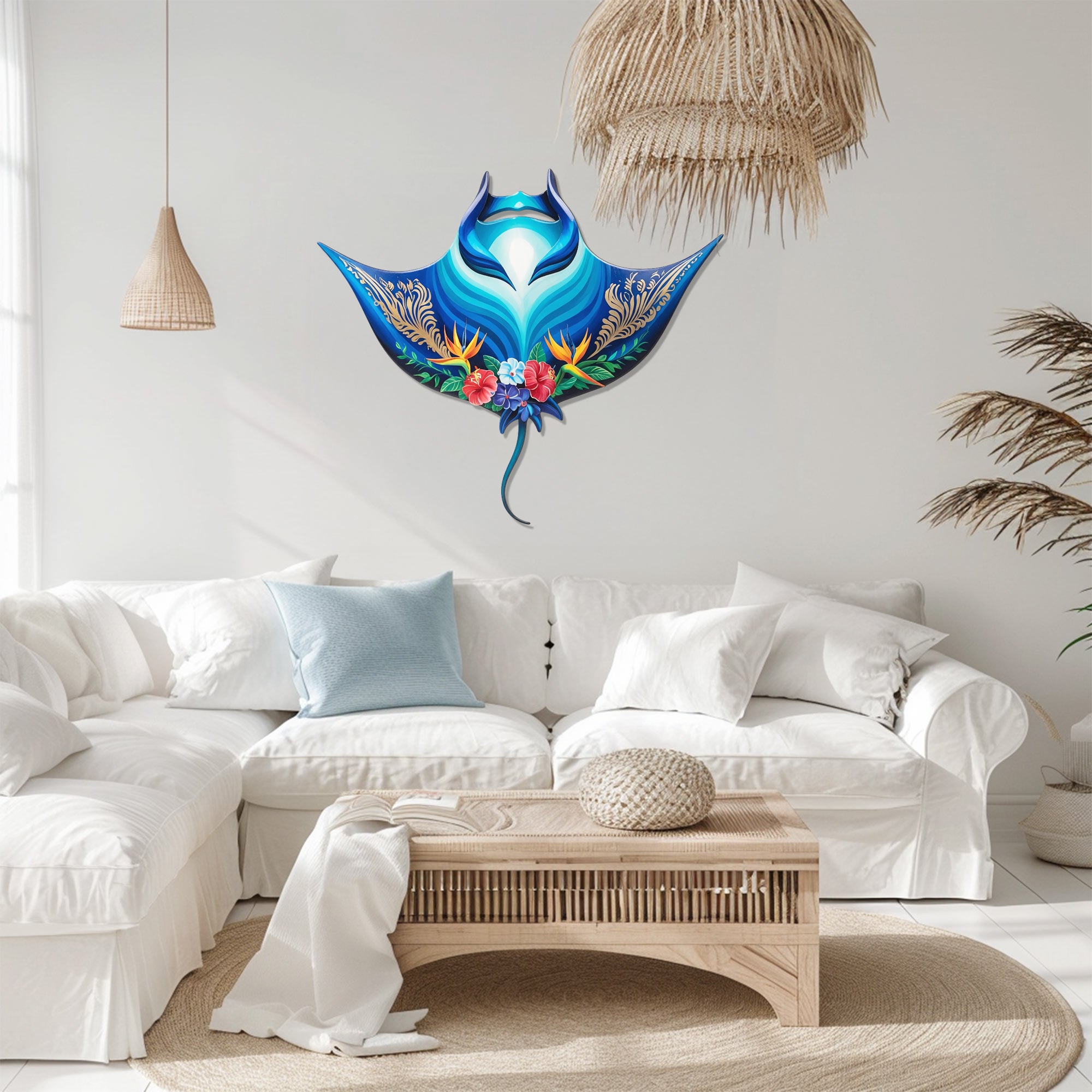 Tropical Blue Stingray – Vibrant Ocean Floral Style Metal Wall Art Decor for Home &amp; Outdoor