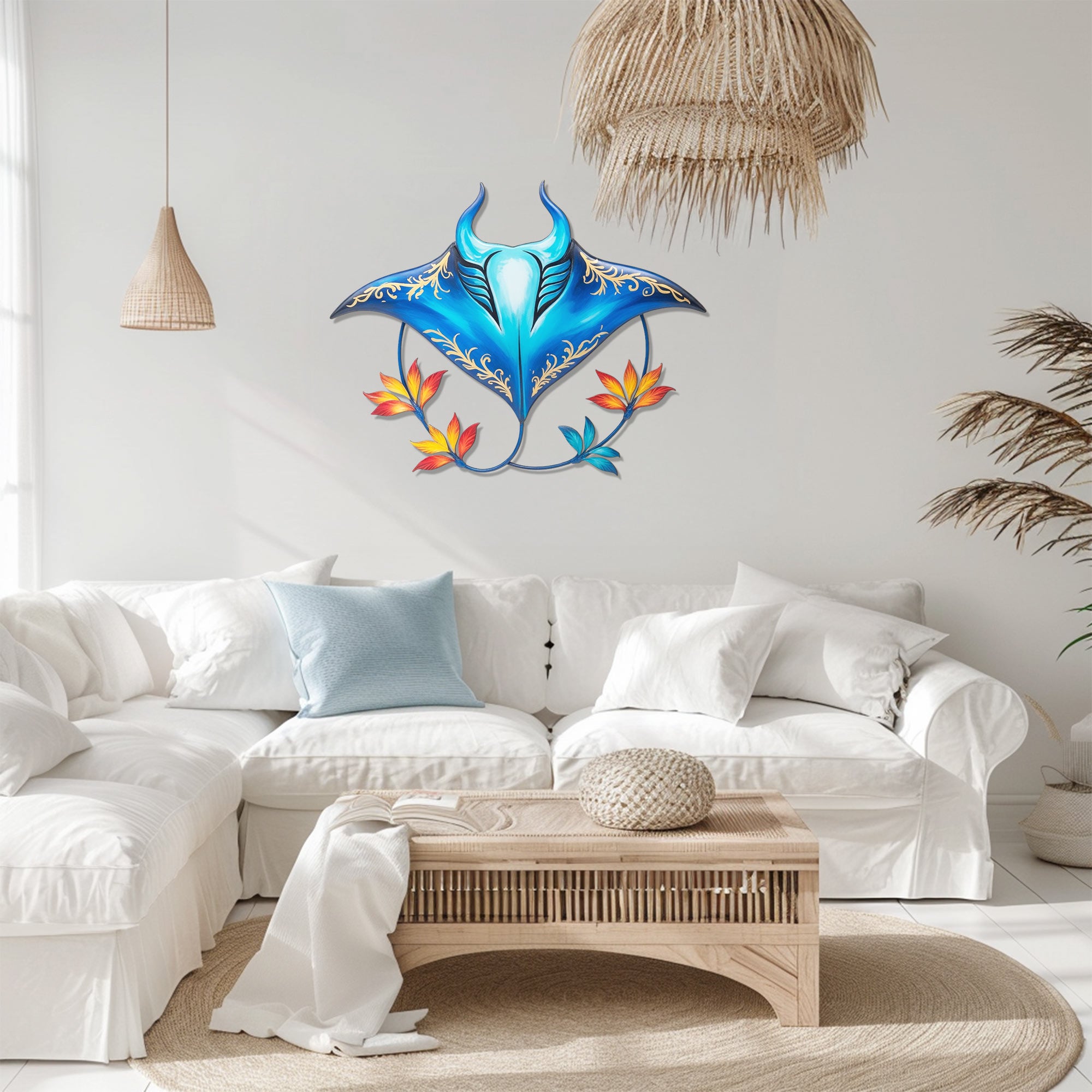 Blue Golden Stingray – Elegant Tropical Floral Style Metal Wall Art Decor for Home &amp; Outdoor