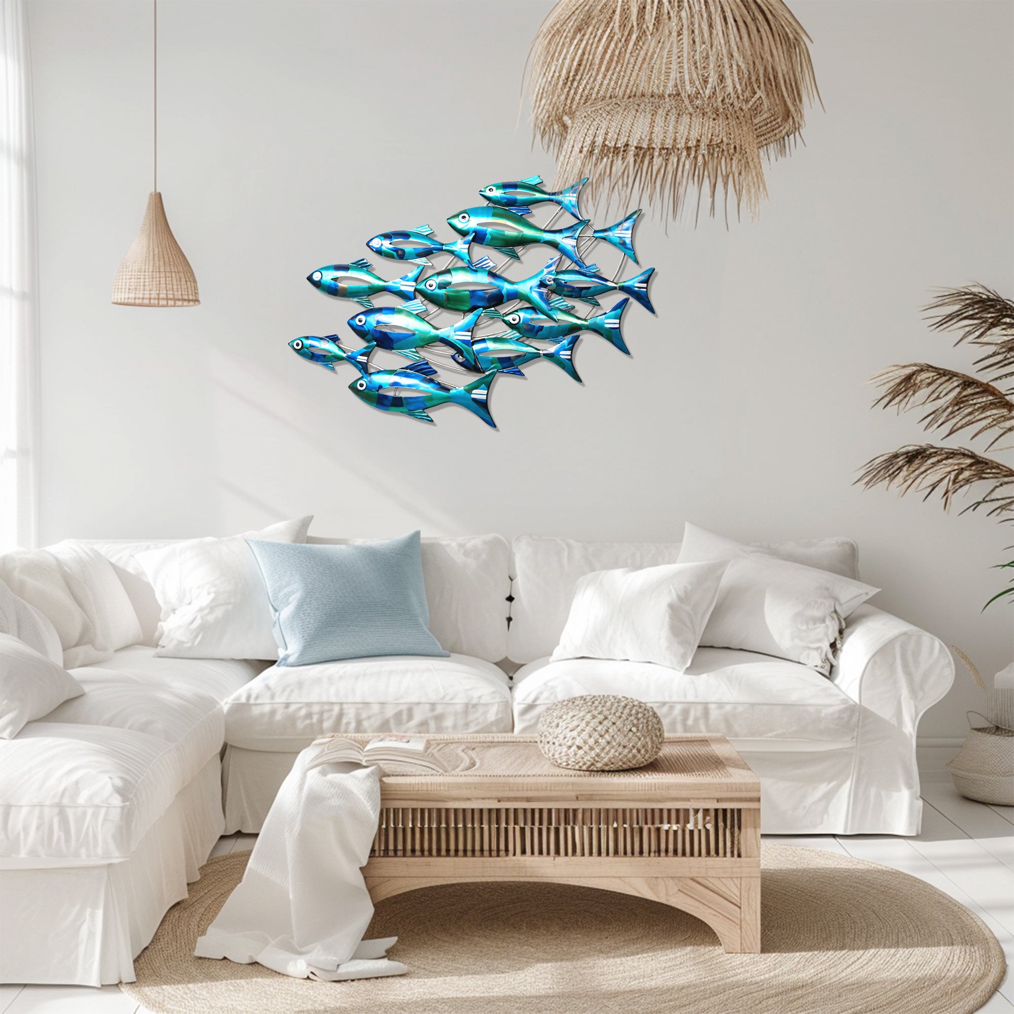 School of Blue Fish – Vibrant Ocean Metallic Style Metal Wall Art Decor for Home &amp; Outdoor