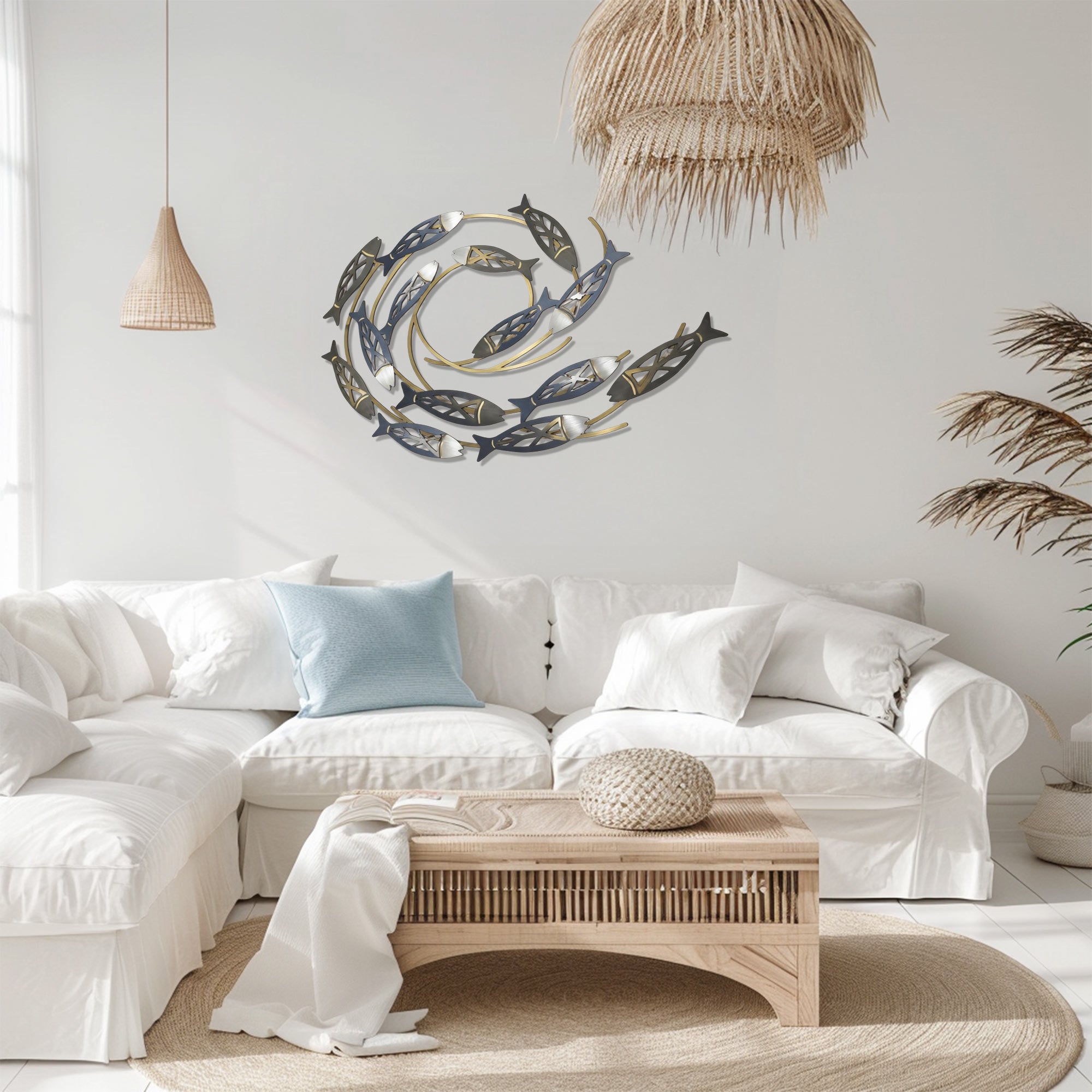 Swirling School of Fish – Elegant Metallic Ocean Style Metal Wall Art Decor for Home &amp; Outdoor