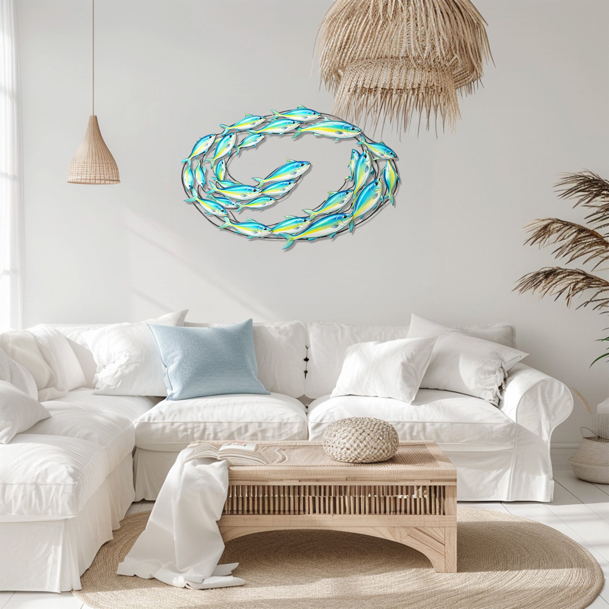 Swirling School of Fish – Vibrant Blue Yellow Ocean Style Metal Wall Art Decor for Home &amp; Outdoor