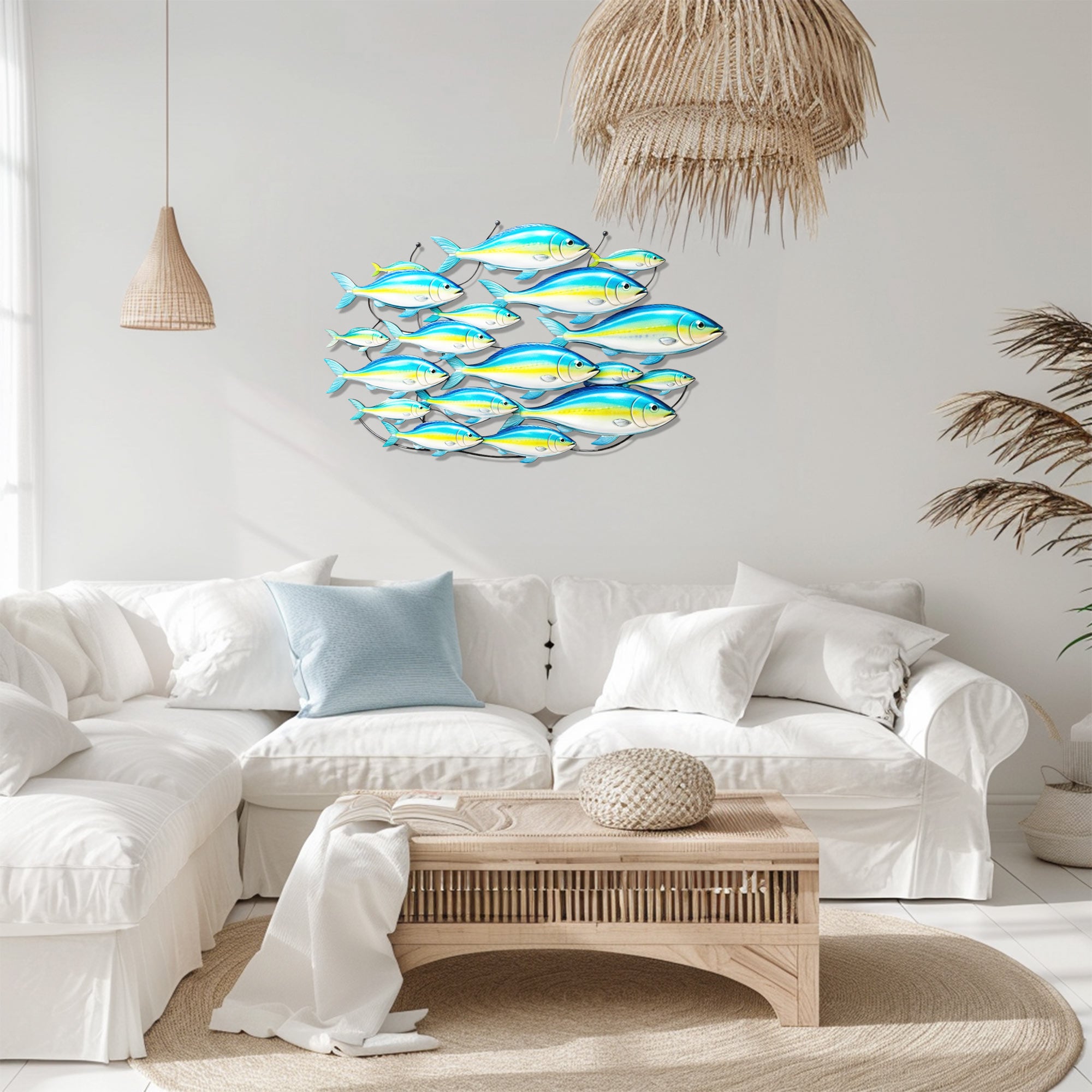 School of Blue Yellow Fish – Vibrant Tropical Ocean Style Metal Wall Art Decor for Home &amp; Outdoor