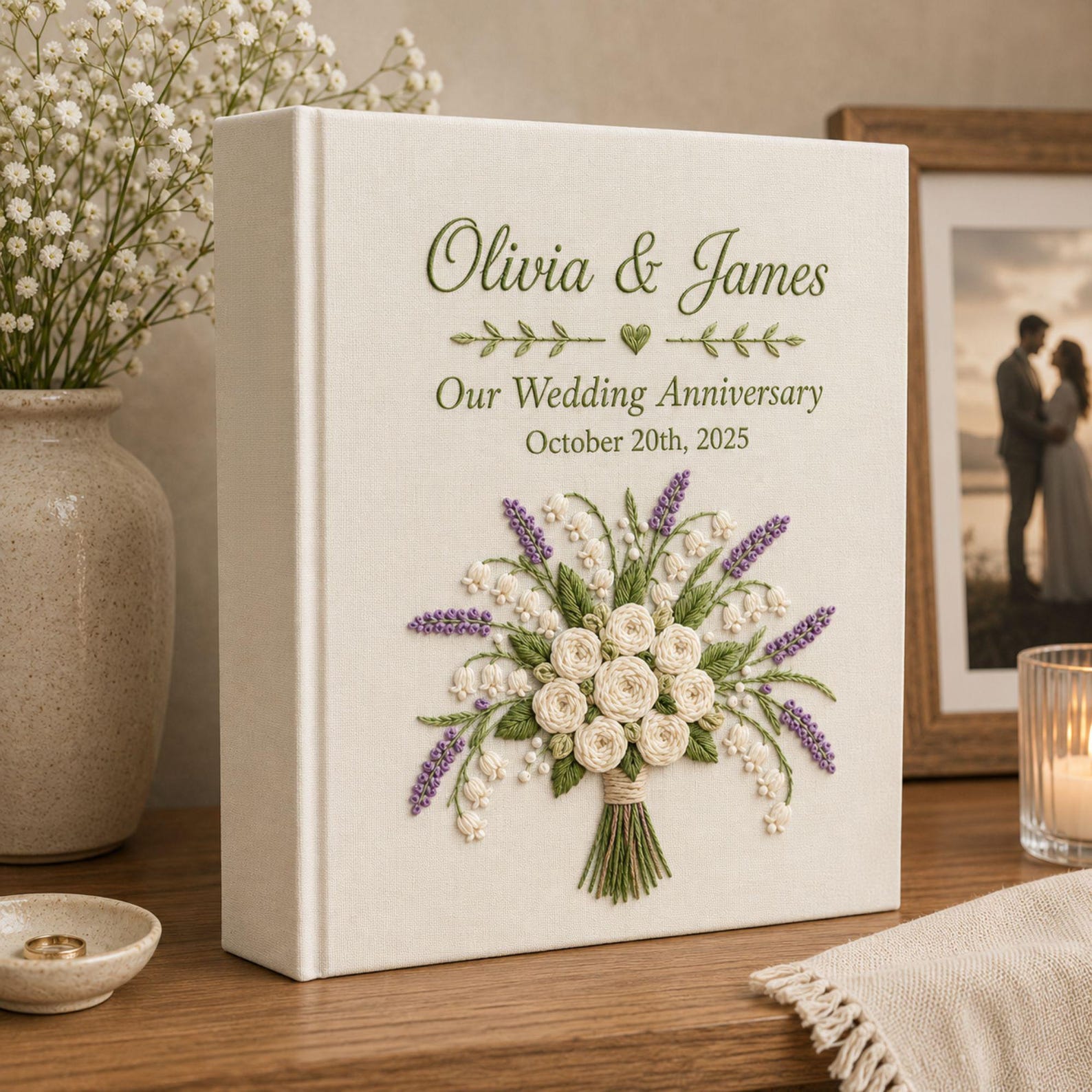 Personalized lavender lily bouquet hand embroidered photo album with custom names and anniversary date on linen cover