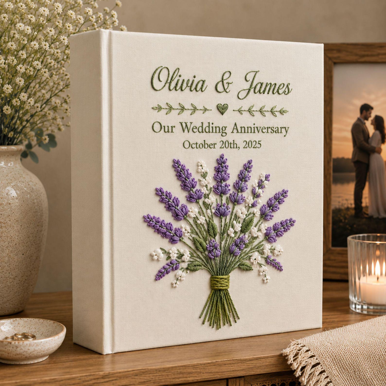Personalized lavender bouquet hand embroidered photo album with custom names and anniversary date on linen cover