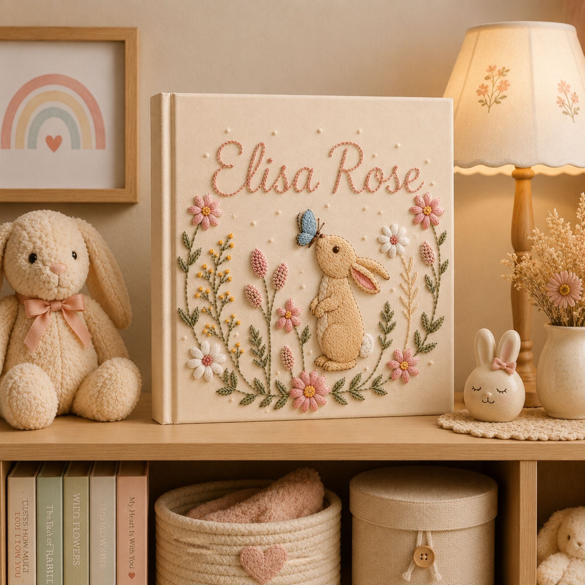 Custom Embroidered Bunny Baby Photo Album, Personalized Rabbit Floral Keepsake Book Baby Girl, Bunny Keepsake Album, Baby Girl Shower Gift