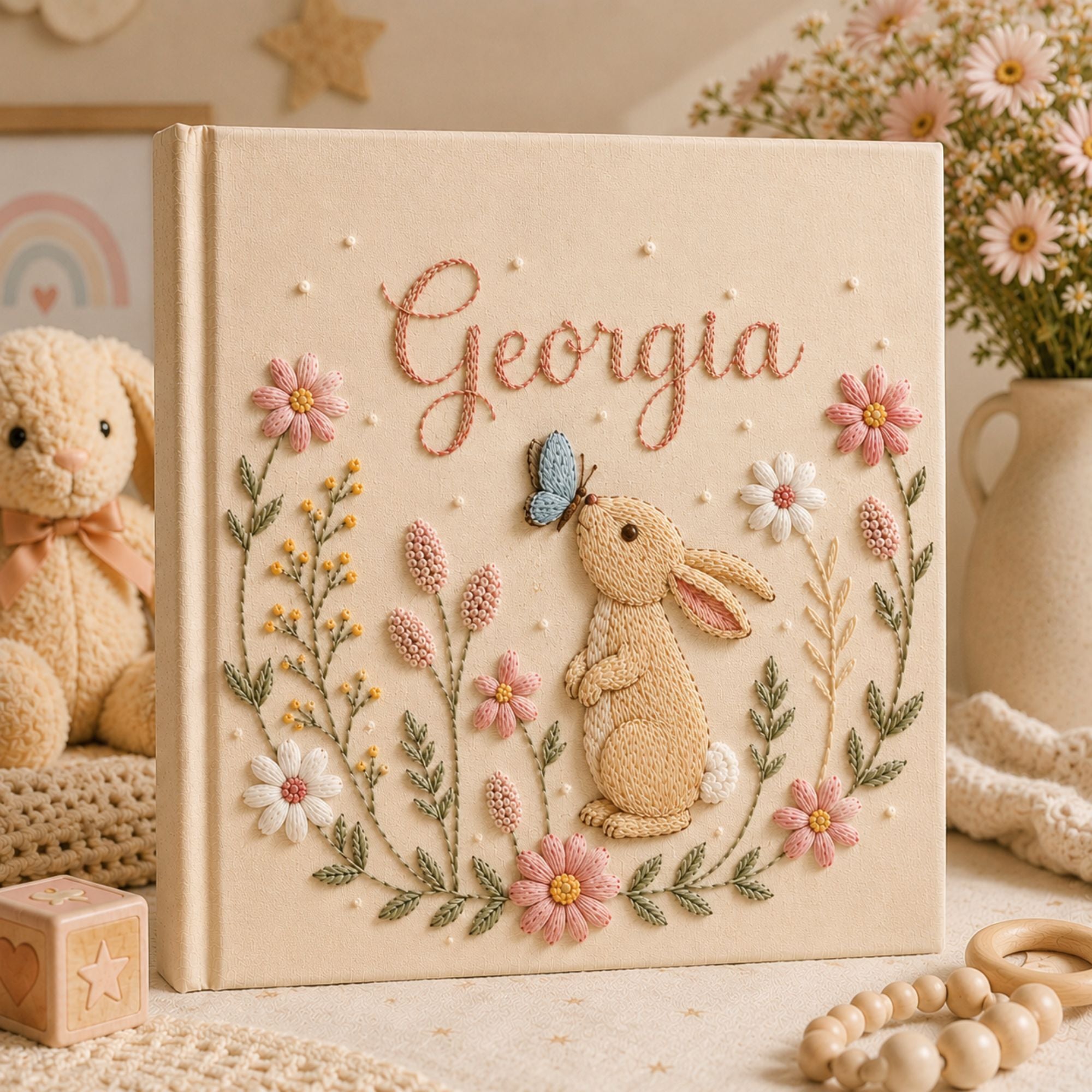 Custom Embroidered Bunny Baby Photo Album, Personalized Rabbit Floral Keepsake Book Baby Girl, Bunny Keepsake Album, Baby Girl Shower Gift