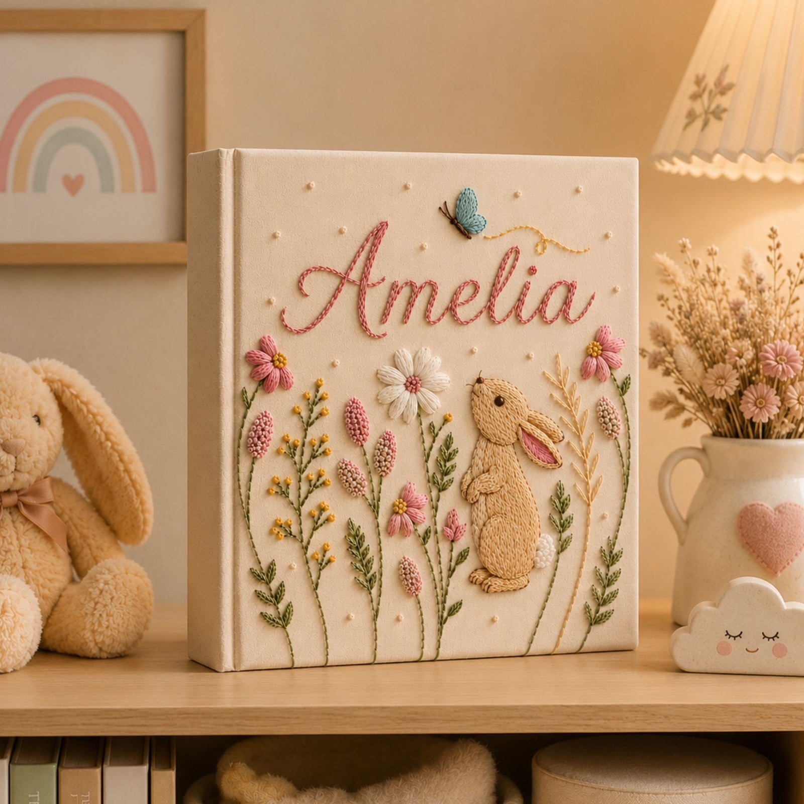 Custom Embroidered Bunny Baby Photo Album, Personalized Rabbit Floral Keepsake Book Baby Girl, Bunny Keepsake Album, Baby Girl Shower Gift