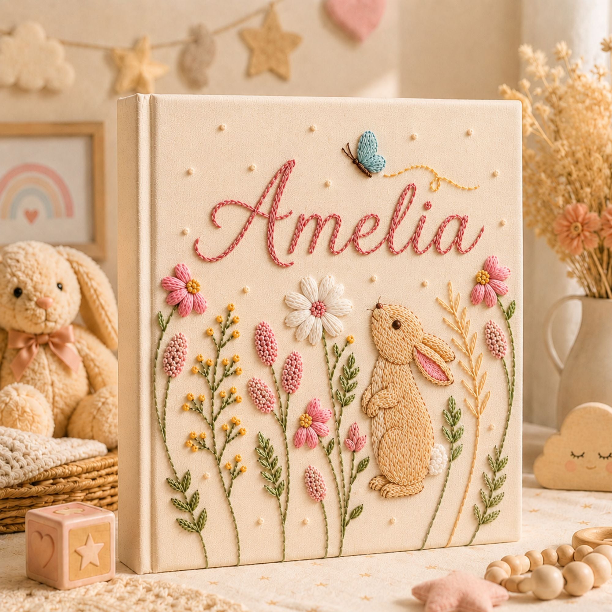 Custom Embroidered Bunny Baby Photo Album, Personalized Rabbit Floral Keepsake Book Baby Girl, Bunny Keepsake Album, Baby Girl Shower Gift