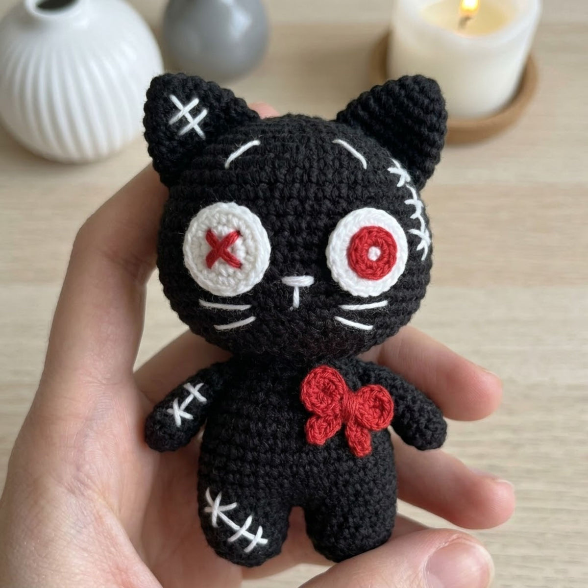 Crochet Gothic Black Cat Amigurumi Plush, Handmade Stitched Kitty Stuffed Toy, Cute Spooky Nursery Decor, Custom 4-12 Inch Gift Toy For Kids