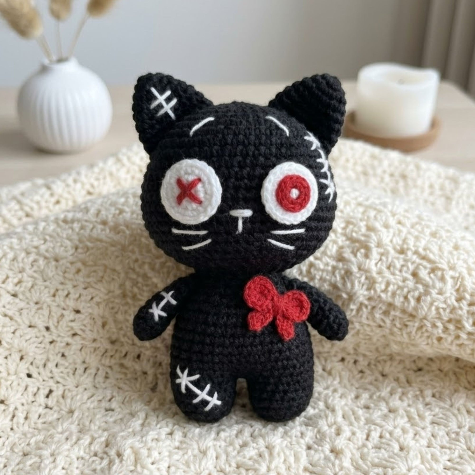 Crochet Gothic Black Cat Amigurumi Plush, Handmade Stitched Kitty Stuffed Toy, Cute Spooky Nursery Decor, Custom 4-12 Inch Gift Toy For Kids