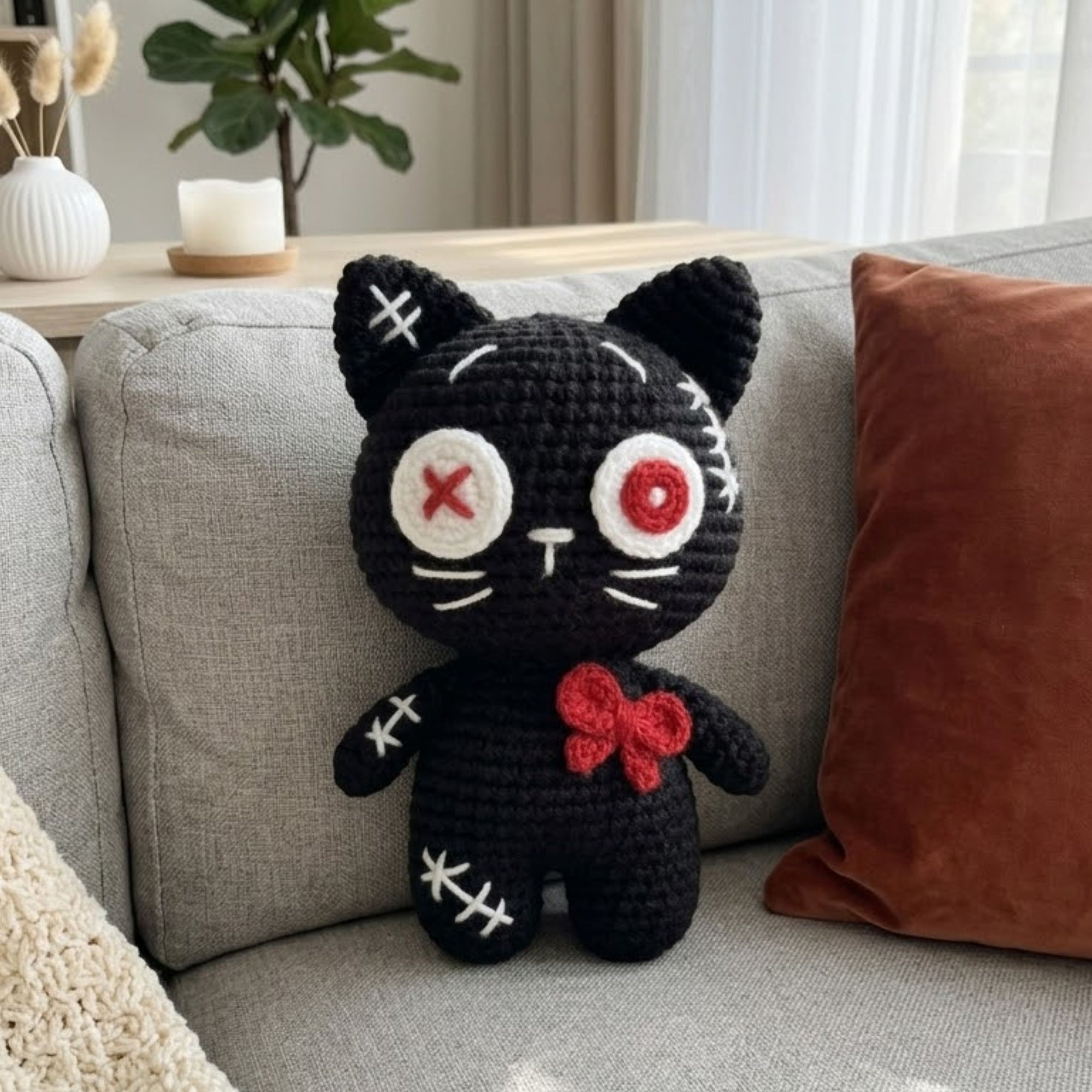 Crochet Gothic Black Cat Amigurumi Plush, Handmade Stitched Kitty Stuffed Toy, Cute Spooky Nursery Decor, Custom 4-12 Inch Gift Toy For Kids