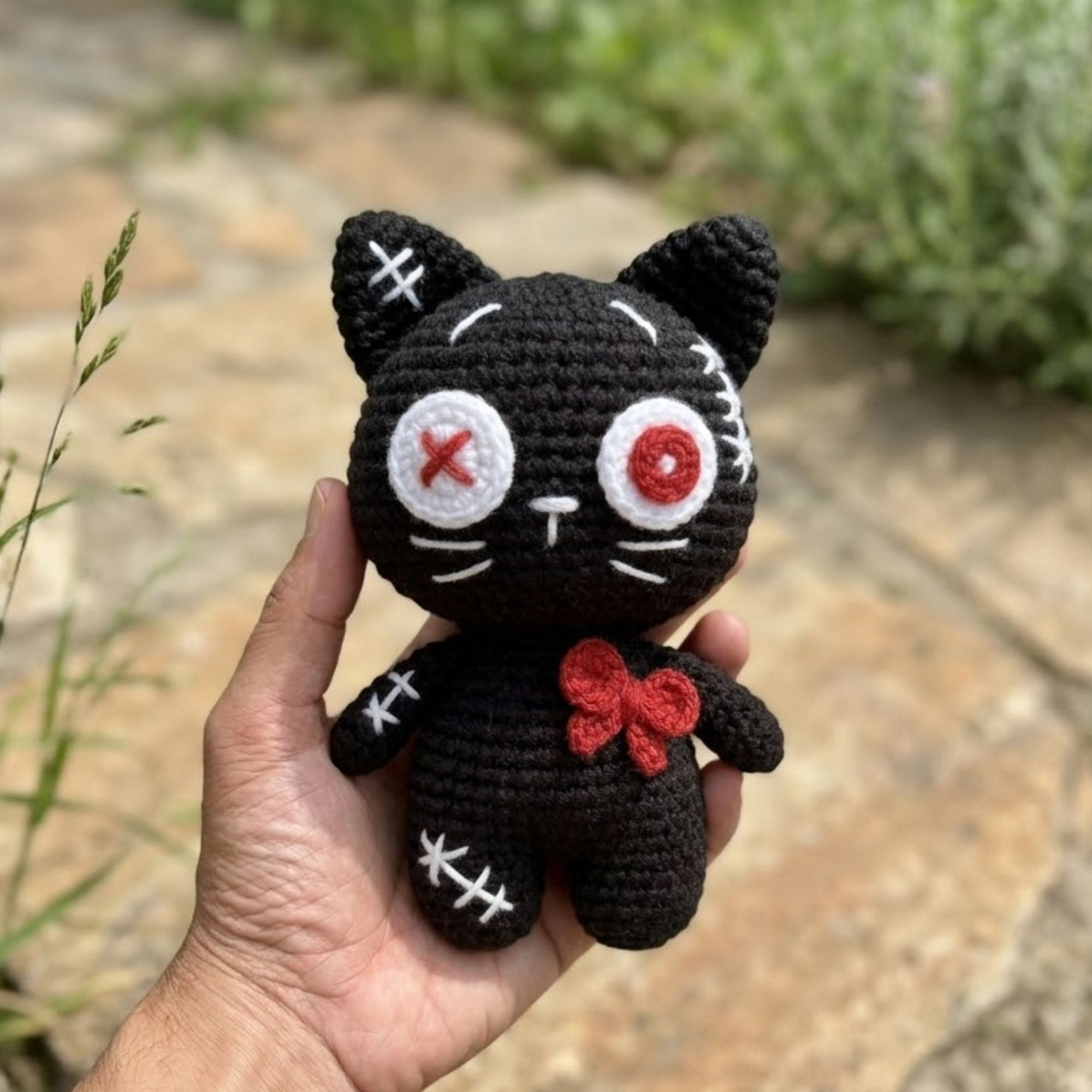 Crochet Gothic Black Cat Amigurumi Plush, Handmade Stitched Kitty Stuffed Toy, Cute Spooky Nursery Decor, Custom 4-12 Inch Gift Toy For Kids