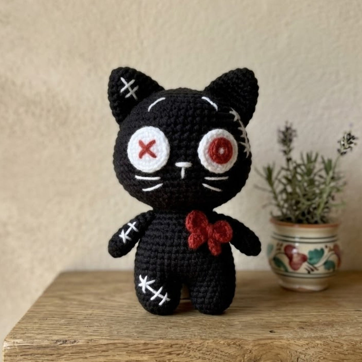 Crochet Gothic Black Cat Amigurumi Plush, Handmade Stitched Kitty Stuffed Toy, Cute Spooky Nursery Decor, Custom 4-12 Inch Gift Toy For Kids