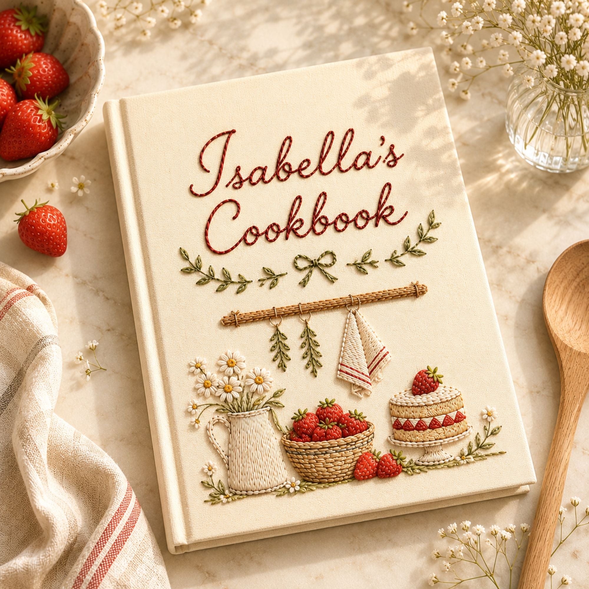 Personalized Strawberry Kitchen Recipe Book, Vintage Cookbook Embroidered Notebook A5 A6, Recipe Fabric Journal, Kitchen Memories Book