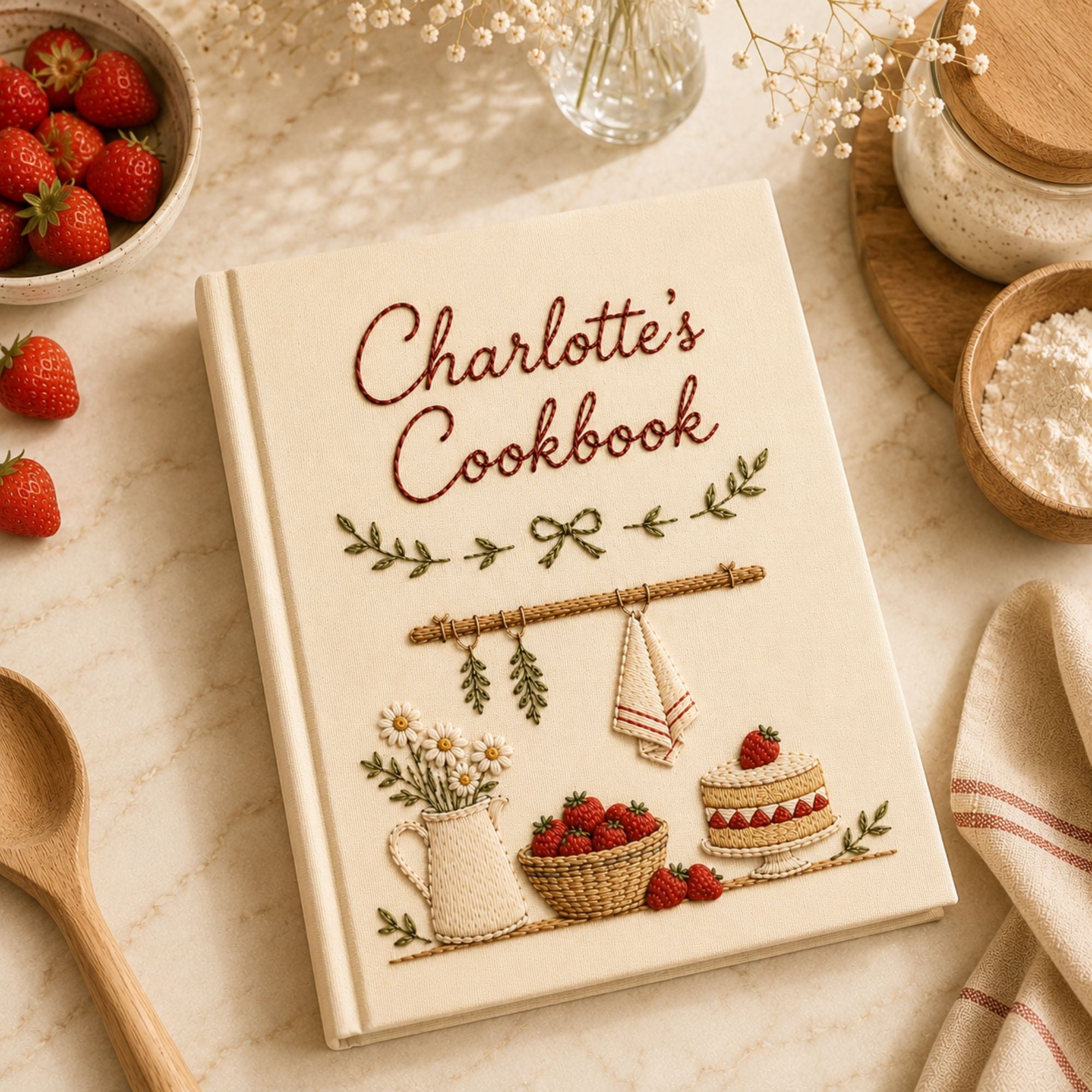Personalized Strawberry Kitchen Recipe Book, Vintage Cookbook Embroidered Notebook A5 A6, Recipe Fabric Journal, Kitchen Memories Book