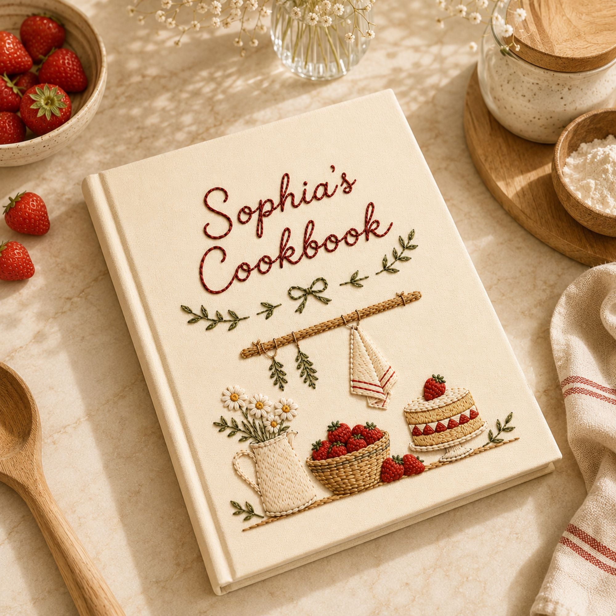 Personalized Strawberry Kitchen Recipe Book, Vintage Cookbook Embroidered Notebook A5 A6, Recipe Fabric Journal, Kitchen Memories Book