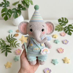 Crochet Elephant Amigurumi Plush, Handmade Pastel Stuffed Toy, Cute Star Wand Nursery Decor, Custom 4-12 Inch Soft Gift For Kids' Room Decor