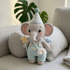 Crochet Elephant Amigurumi Plush, Handmade Pastel Stuffed Toy, Cute Star Wand Nursery Decor, Custom 4-12 Inch Soft Gift For Kids' Room Decor