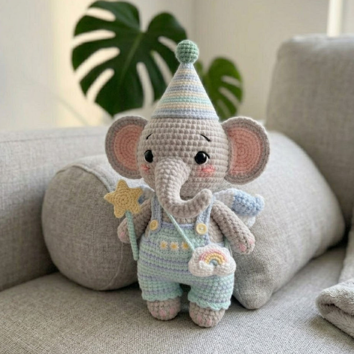 Crochet Elephant Amigurumi Plush, Handmade Pastel Stuffed Toy, Cute Star Wand Nursery Decor, Custom 4-12 Inch Soft Gift For Kids' Room Decor