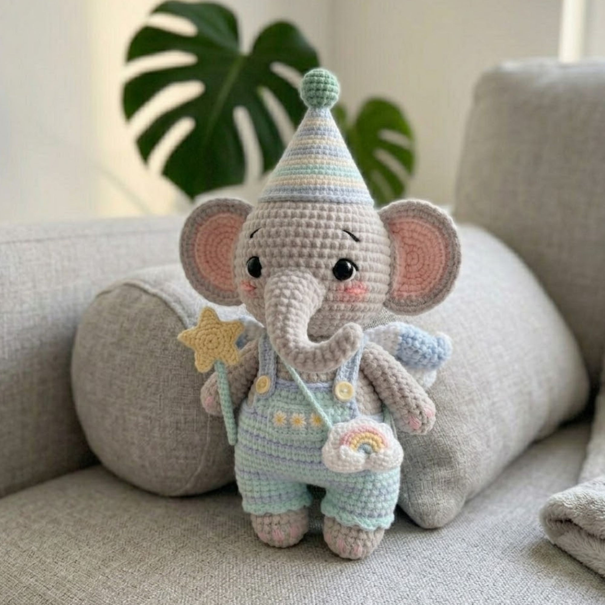 Crochet Elephant Amigurumi Plush, Handmade Pastel Stuffed Toy, Cute Star Wand Nursery Decor, Custom 4-12 Inch Soft Gift For Kids' Room Decor