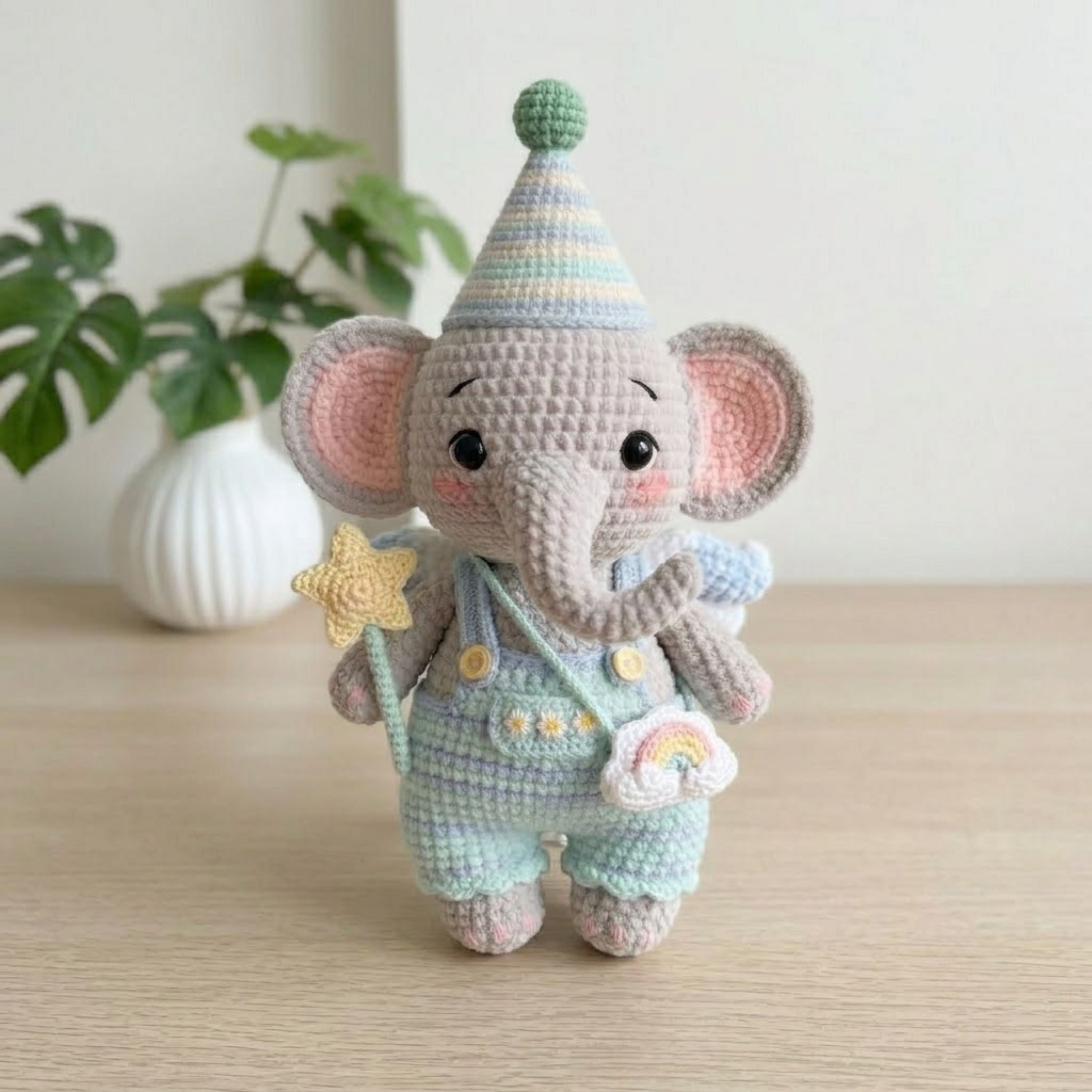 Crochet Elephant Amigurumi Plush, Handmade Pastel Stuffed Toy, Cute Star Wand Nursery Decor, Custom 4-12 Inch Soft Gift For Kids' Room Decor