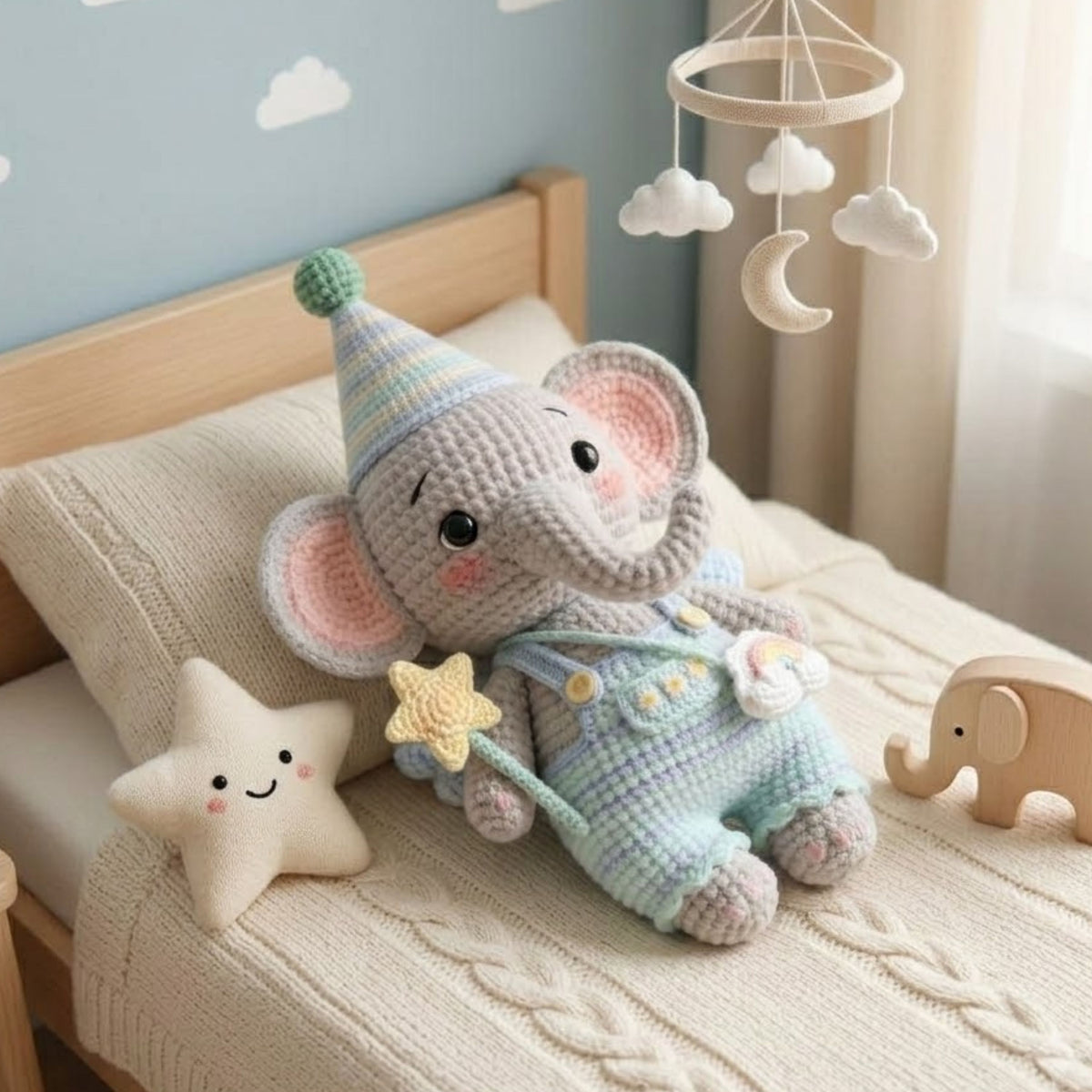 Crochet Elephant Amigurumi Plush, Handmade Pastel Stuffed Toy, Cute Star Wand Nursery Decor, Custom 4-12 Inch Soft Gift For Kids' Room Decor