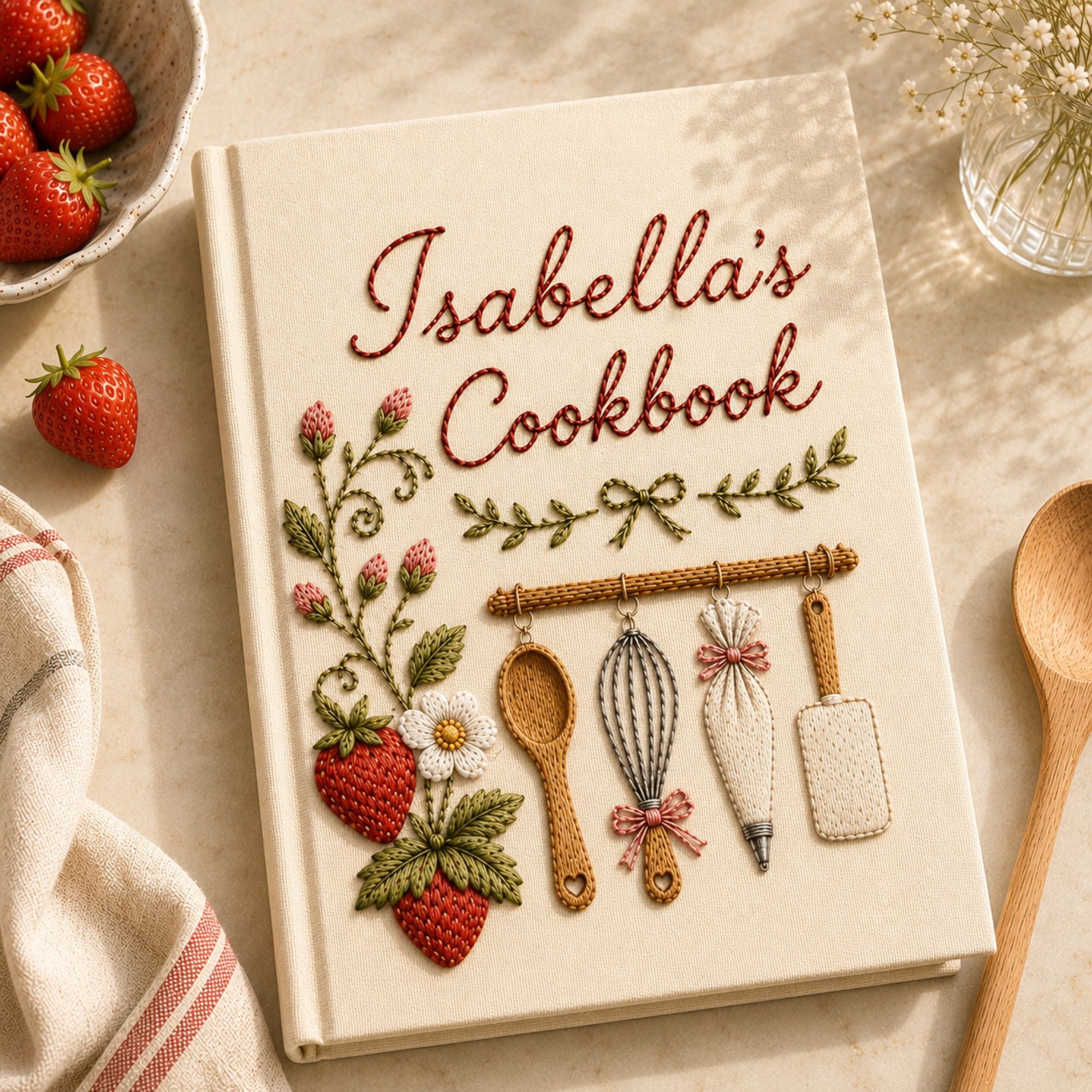 Personalized Embroidered Recipe Book, Custom Strawberry Cookbook, Embroidered Kitchen Recipe Journal, Cottagecore Baking Memory Book Gift