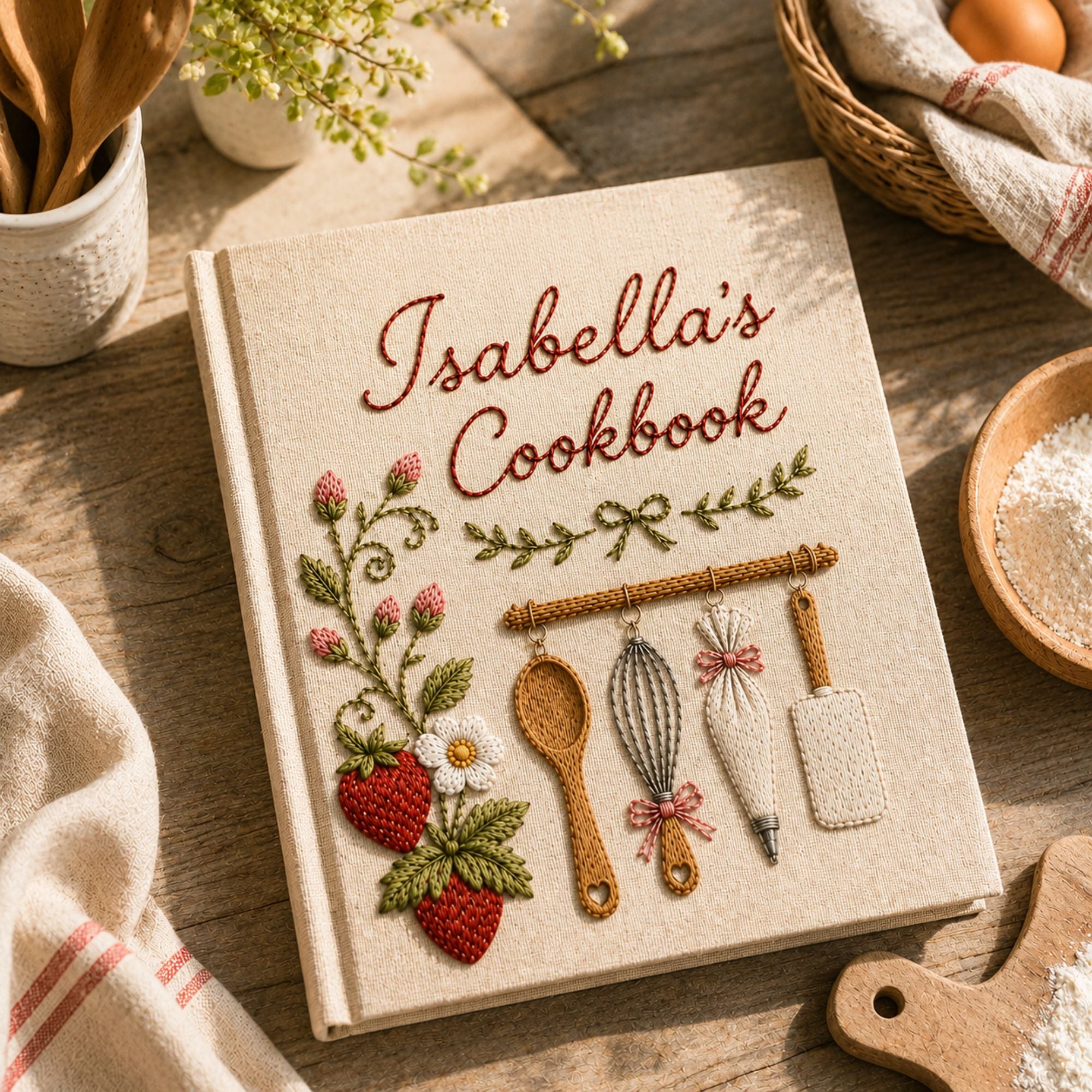 Personalized Embroidered Recipe Book, Custom Strawberry Cookbook, Embroidered Kitchen Recipe Journal, Cottagecore Baking Memory Book Gift