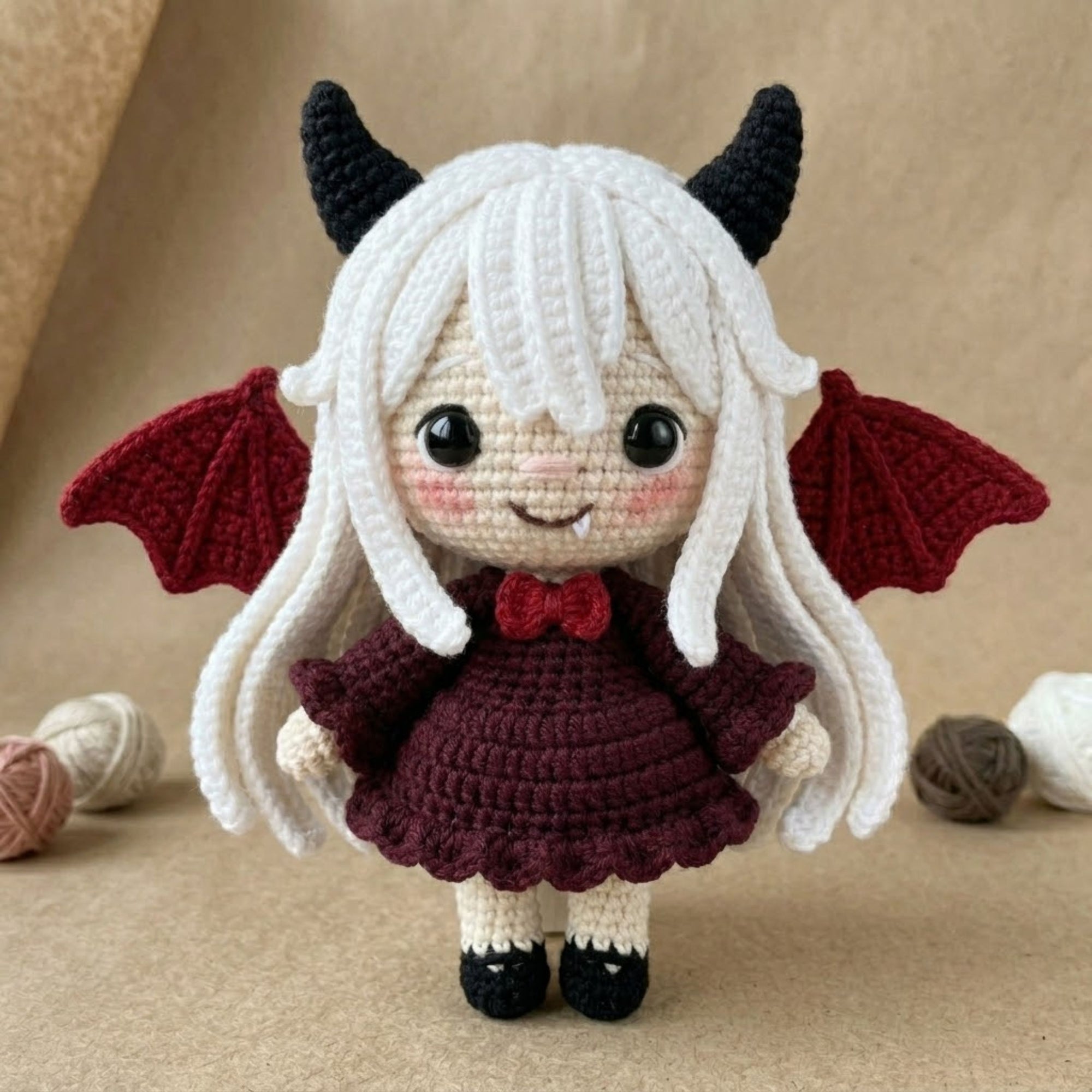 Crochet Vampire Girl Amigurumi Plush, Handmade Gothic Bat Wing Stuffed Doll, Cute Halloween Nursery Decor, Custom 4-12in Plush Gift For Kids