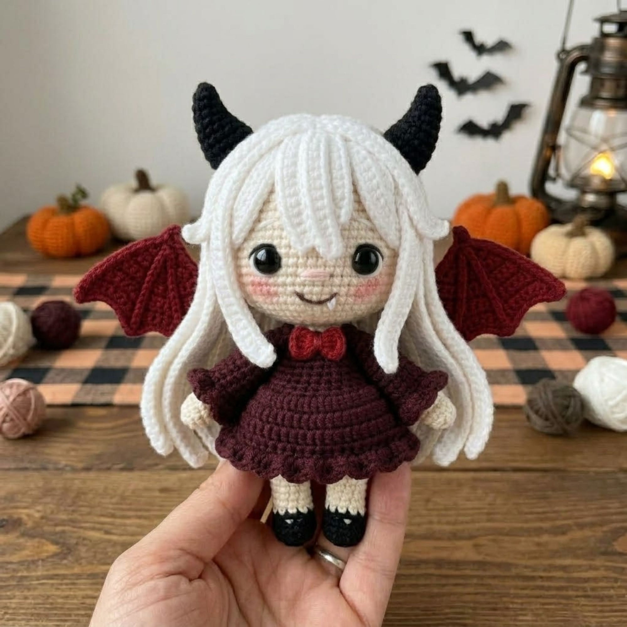 Crochet Vampire Girl Amigurumi Plush, Handmade Gothic Bat Wing Stuffed Doll, Cute Halloween Nursery Decor, Custom 4-12in Plush Gift For Kids