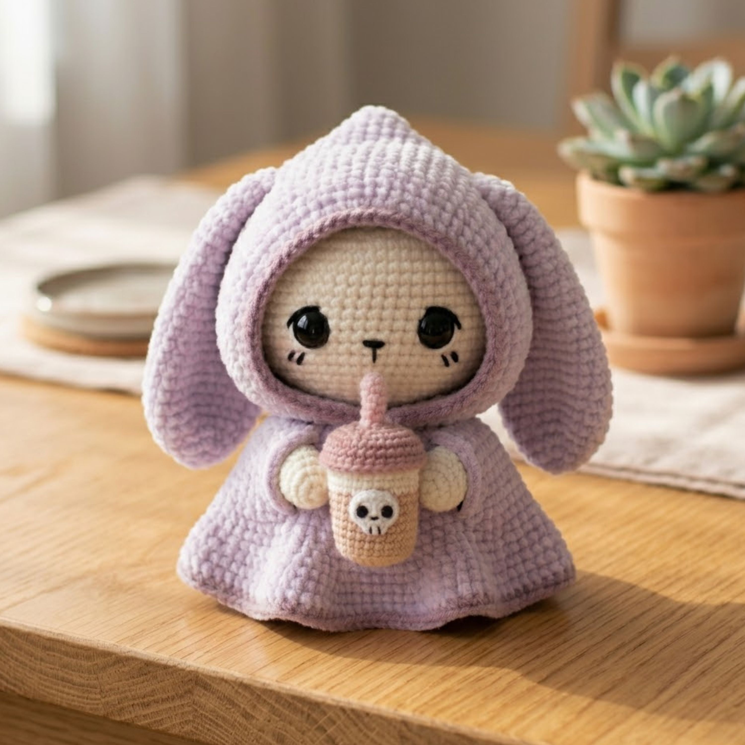 Crochet Bunny Hood Amigurumi Plush, Handmade Boba Drink Stuffed Toy, Cute Kawaii Nursery Decor, Custom 4-12 Inch Soft Gift For Kids Room Toy