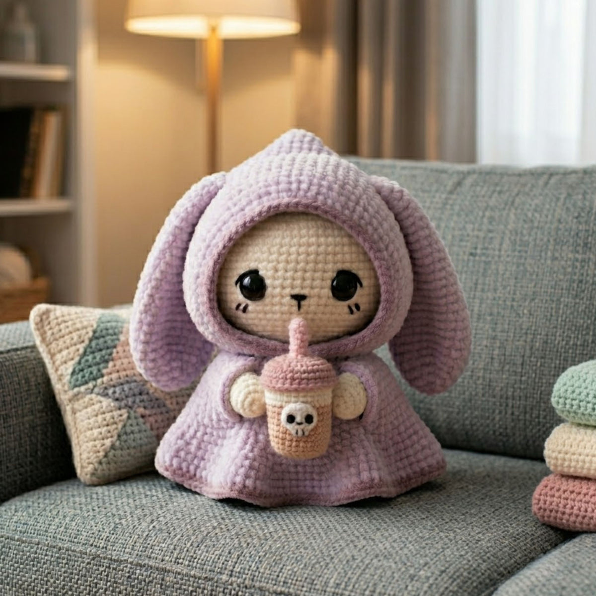 Crochet Bunny Hood Amigurumi Plush, Handmade Boba Drink Stuffed Toy, Cute Kawaii Nursery Decor, Custom 4-12 Inch Soft Gift For Kids Room Toy