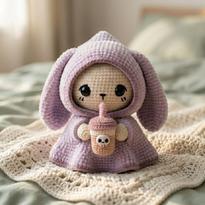 Crochet Bunny Hood Amigurumi Plush, Handmade Boba Drink Stuffed Toy, Cute Kawaii Nursery Decor, Custom 4-12 Inch Soft Gift For Kids Room Toy