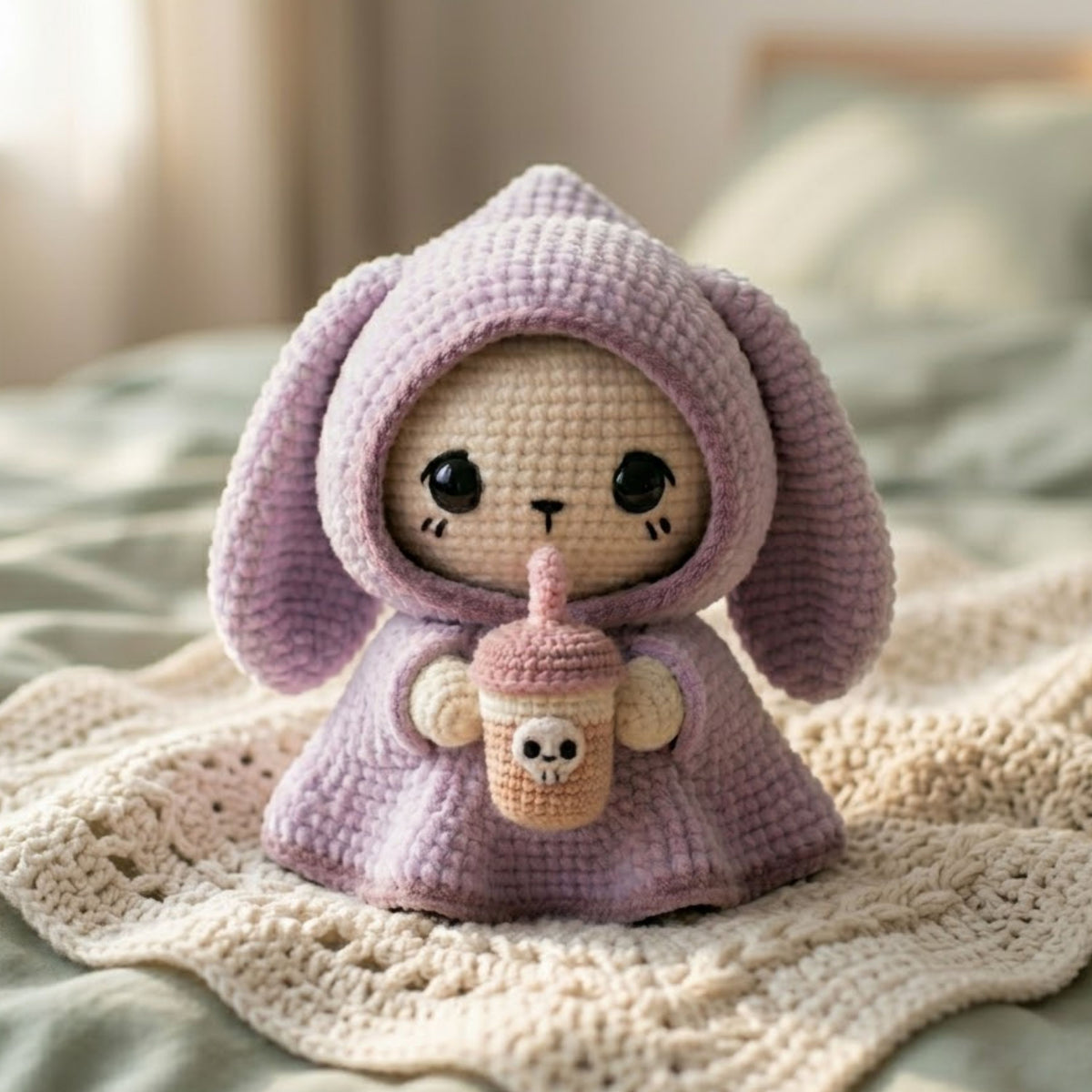 Crochet Bunny Hood Amigurumi Plush, Handmade Boba Drink Stuffed Toy, Cute Kawaii Nursery Decor, Custom 4-12 Inch Soft Gift For Kids Room Toy