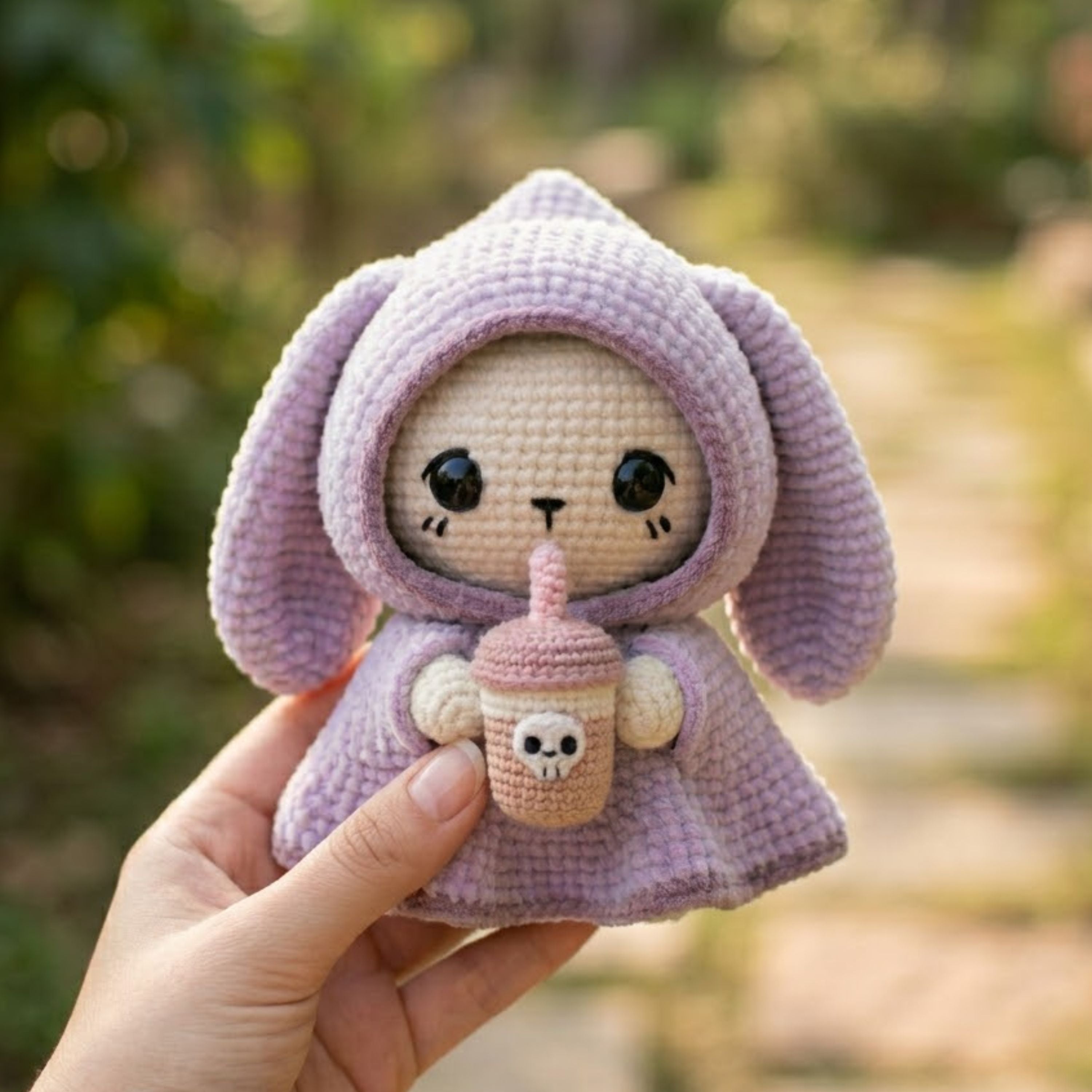 Crochet Bunny Hood Amigurumi Plush, Handmade Boba Drink Stuffed Toy, Cute Kawaii Nursery Decor, Custom 4-12 Inch Soft Gift For Kids Room Toy