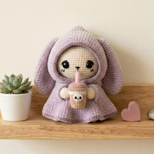 Crochet Bunny Hood Amigurumi Plush, Handmade Boba Drink Stuffed Toy, Cute Kawaii Nursery Decor, Custom 4-12 Inch Soft Gift For Kids Room Toy