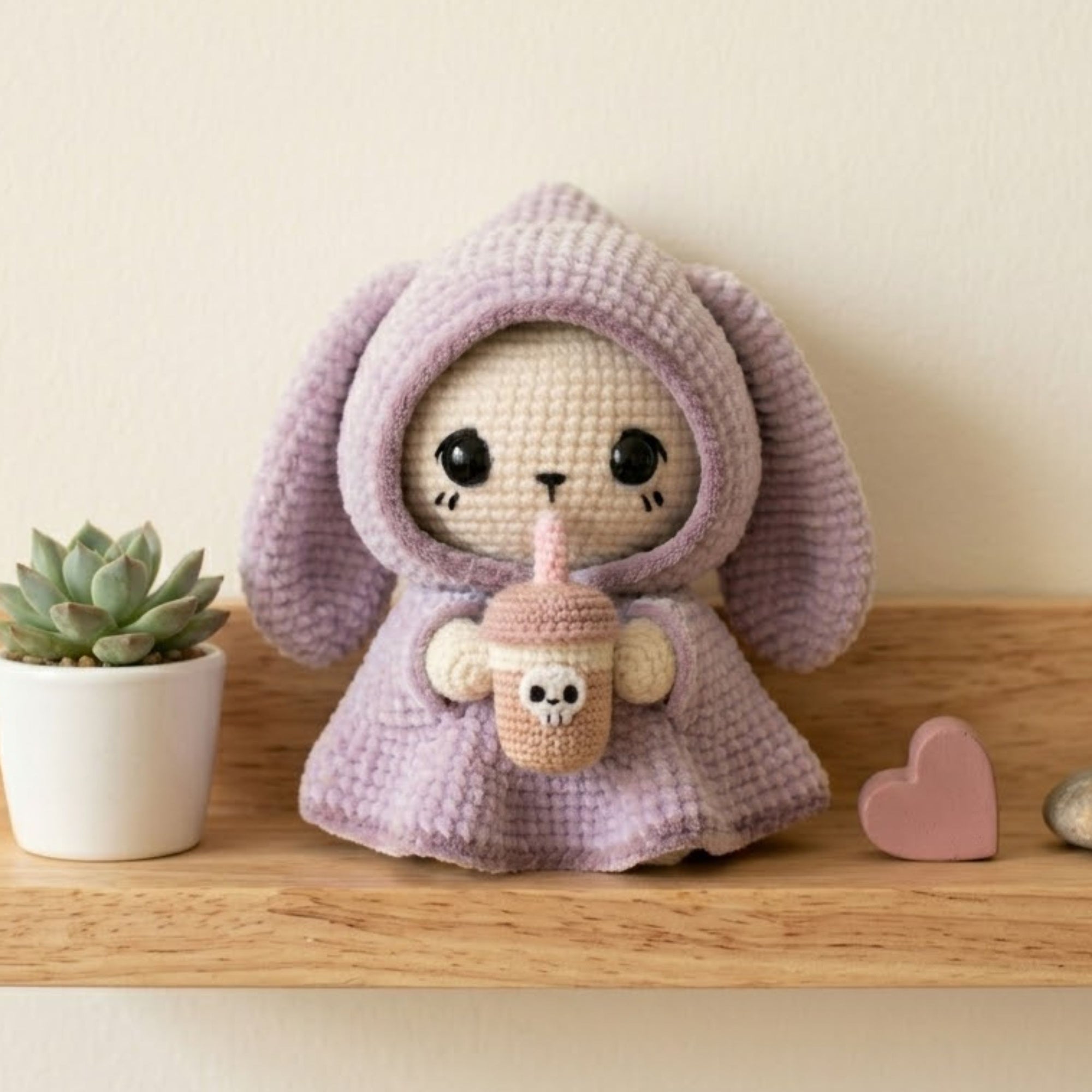 Crochet Bunny Hood Amigurumi Plush, Handmade Boba Drink Stuffed Toy, Cute Kawaii Nursery Decor, Custom 4-12 Inch Soft Gift For Kids Room Toy