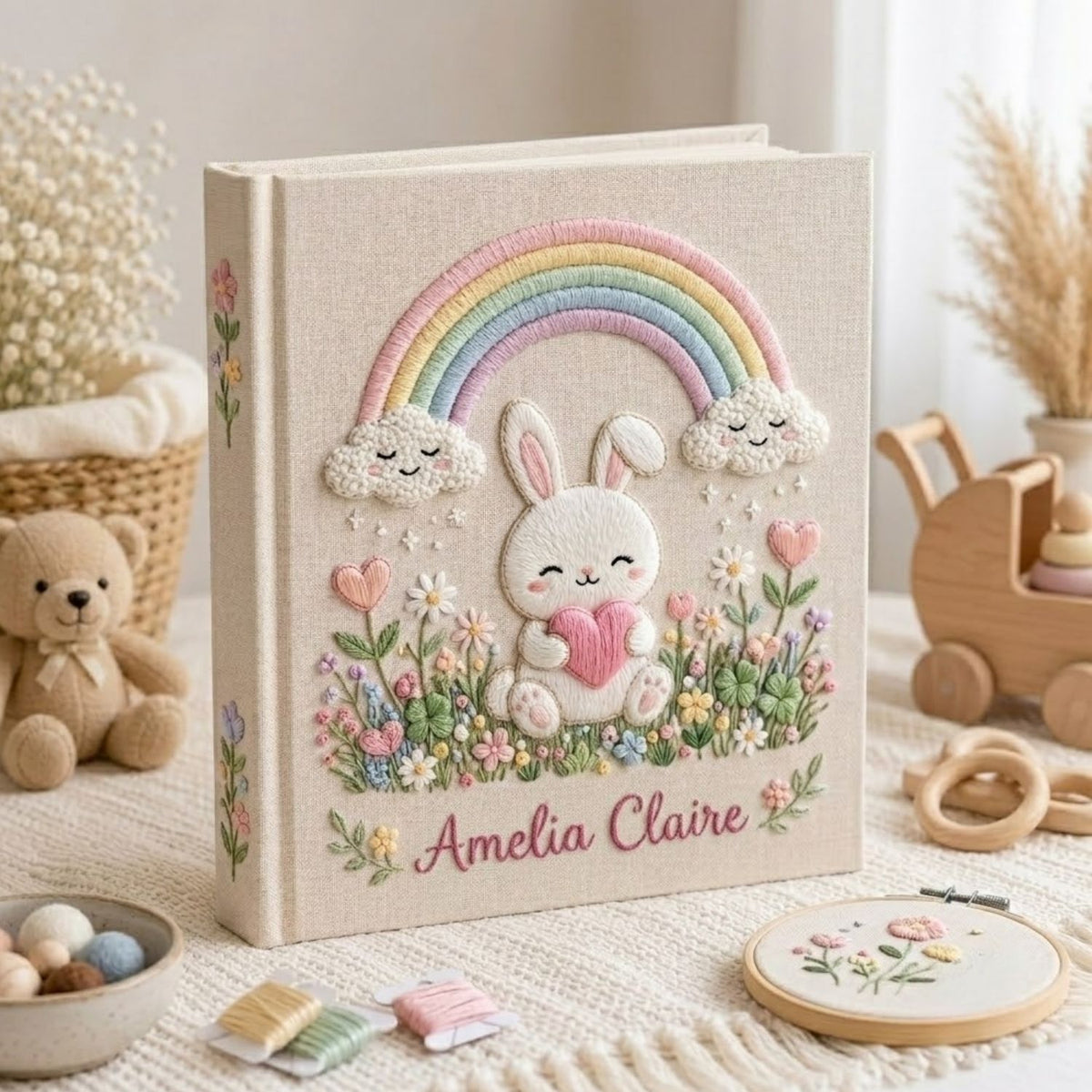 Hand Embroidered Baby Photo Album, Personalized Baby Name Album, Bunny Rainbow Memory Book, Newborn Keepsake Gift