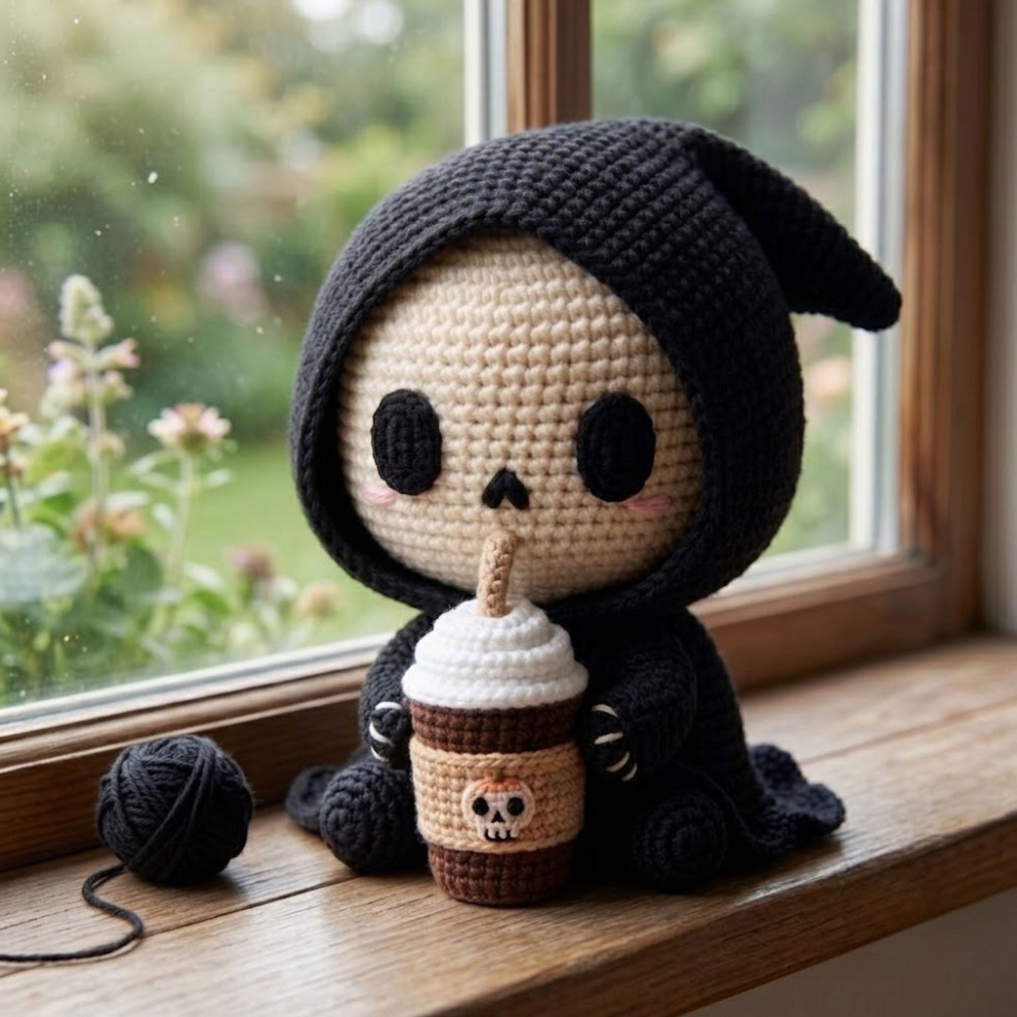 Crochet Hooded Skull Amigurumi Plush, Handmade Gothic Boba Stuffed Toy, Cute Spooky Nursery Decor, Custom 4-12 Inch Gift For Kids Room Plush