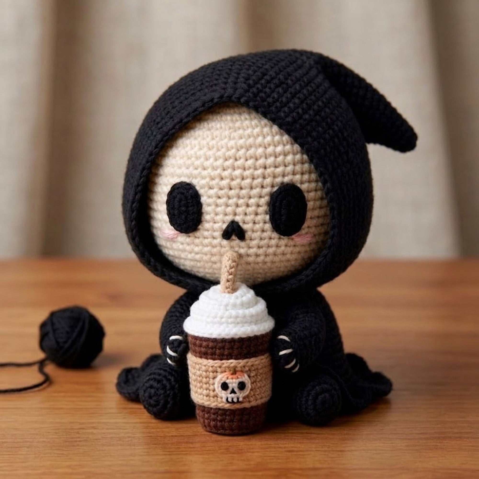 Crochet Hooded Skull Amigurumi Plush, Handmade Gothic Boba Stuffed Toy, Cute Spooky Nursery Decor, Custom 4-12 Inch Gift For Kids Room Plush