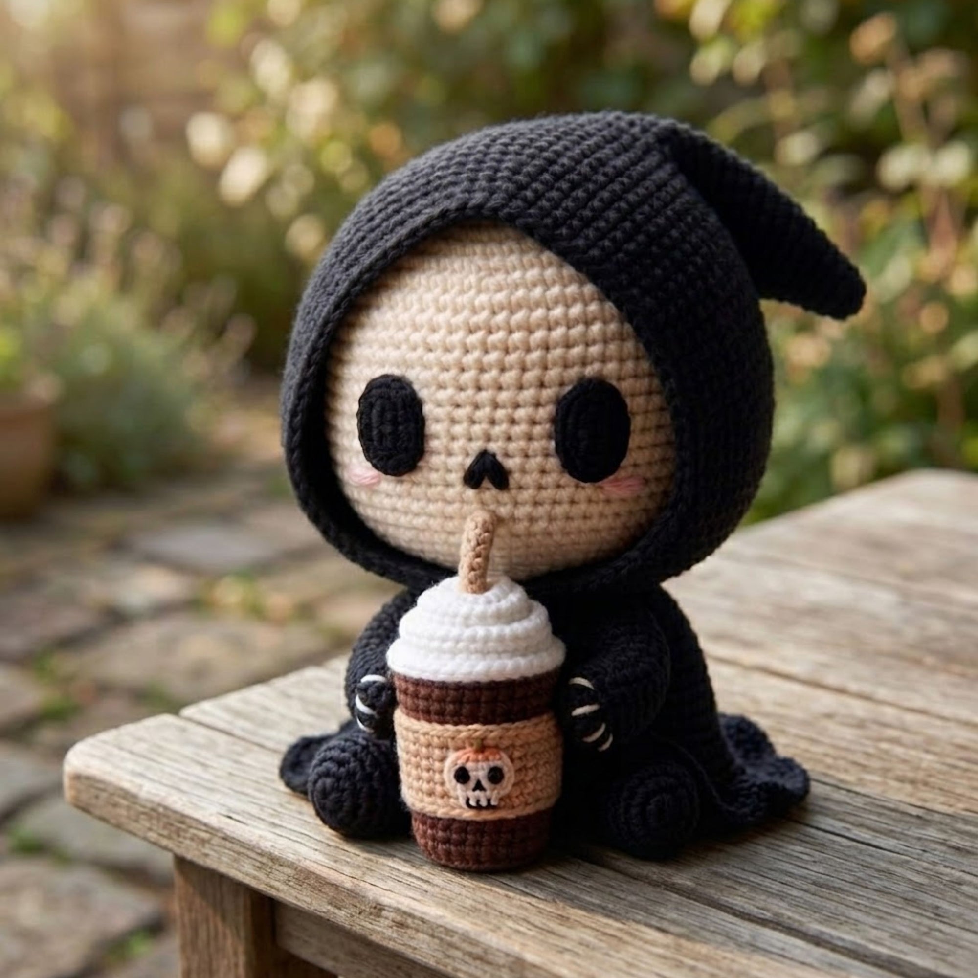 Crochet Hooded Skull Amigurumi Plush, Handmade Gothic Boba Stuffed Toy, Cute Spooky Nursery Decor, Custom 4-12 Inch Gift For Kids Room Plush