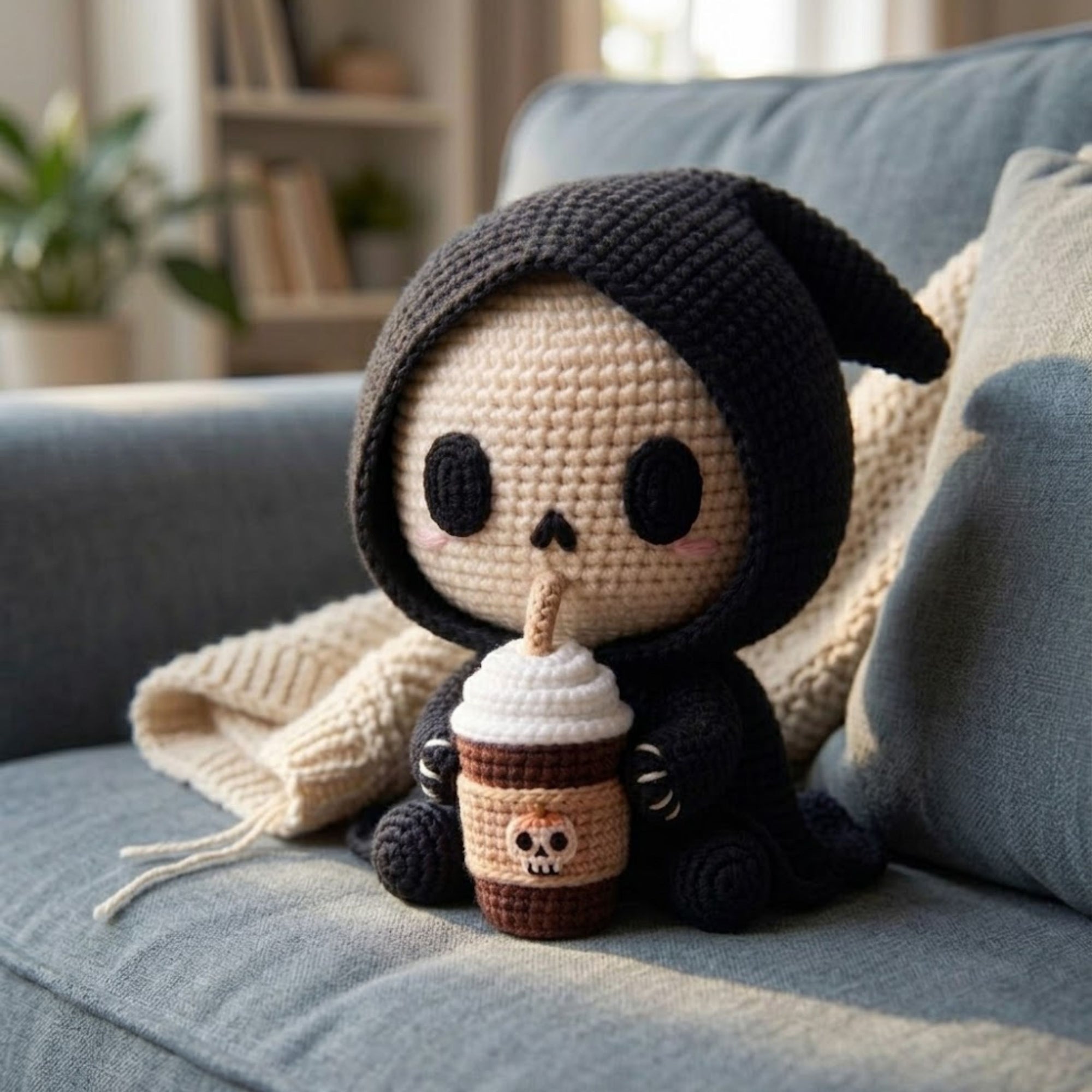 Crochet Hooded Skull Amigurumi Plush, Handmade Gothic Boba Stuffed Toy, Cute Spooky Nursery Decor, Custom 4-12 Inch Gift For Kids Room Plush