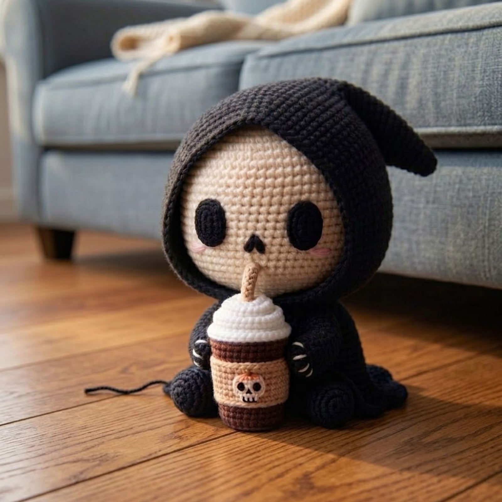 Crochet Hooded Skull Amigurumi Plush, Handmade Gothic Boba Stuffed Toy, Cute Spooky Nursery Decor, Custom 4-12 Inch Gift For Kids Room Plush
