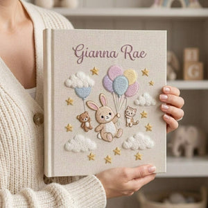 Personalized Baby Photo Album, Hand Embroidered Dinosaur Memory Book, Custom Name Keepsake, Woodland Nursery Gift, Newborn, Baby Shower Gift