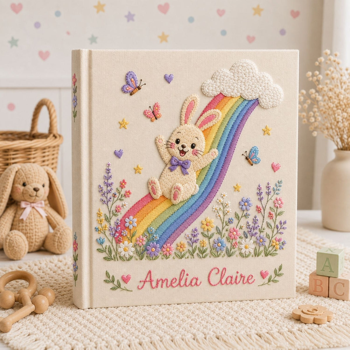Hand Embroidered Baby Photo Album, Personalized Baby Album, Custom Name Keepsake Book, Bunny Rainbow Baby Memory Book Gift