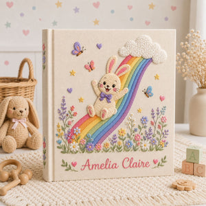 Hand Embroidered Baby Photo Album, Personalized Baby Album, Custom Name Keepsake Book, Bunny Rainbow Baby Memory Book Gift