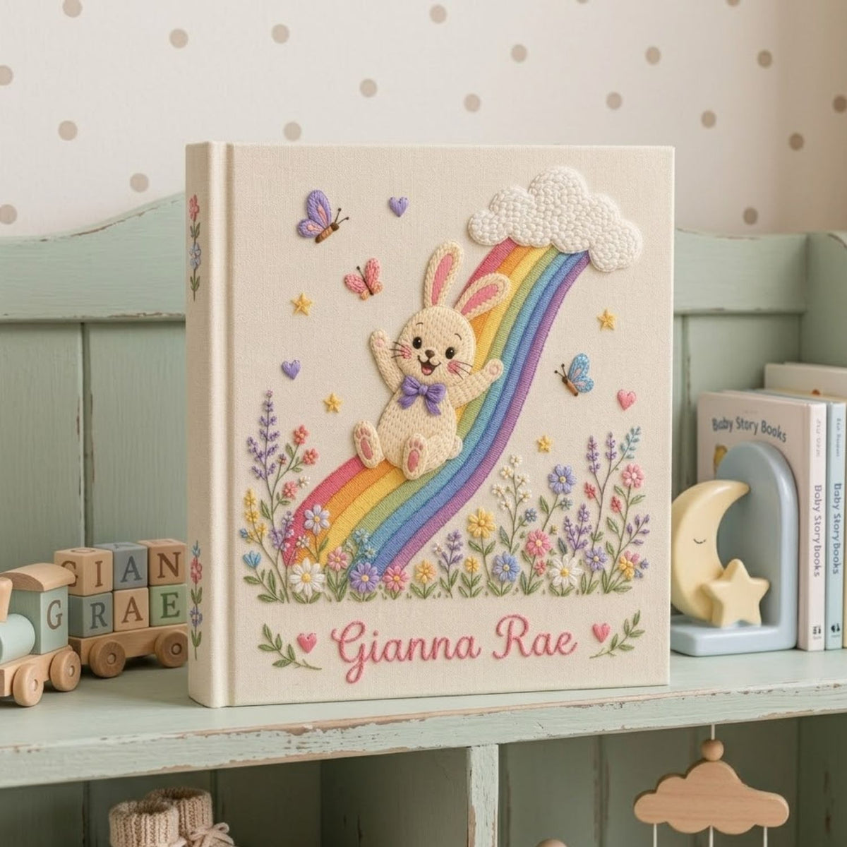 Hand Embroidered Baby Photo Album, Personalized Baby Album, Custom Name Keepsake Book, Bunny Rainbow Baby Memory Book Gift