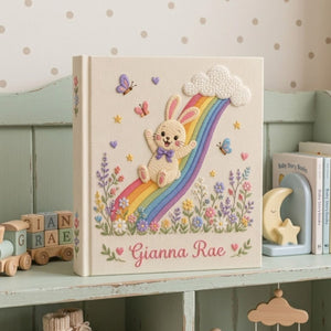 Hand Embroidered Baby Photo Album, Personalized Baby Album, Custom Name Keepsake Book, Bunny Rainbow Baby Memory Book Gift