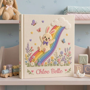 Hand Embroidered Baby Photo Album, Personalized Baby Album, Custom Name Keepsake Book, Bunny Rainbow Baby Memory Book Gift