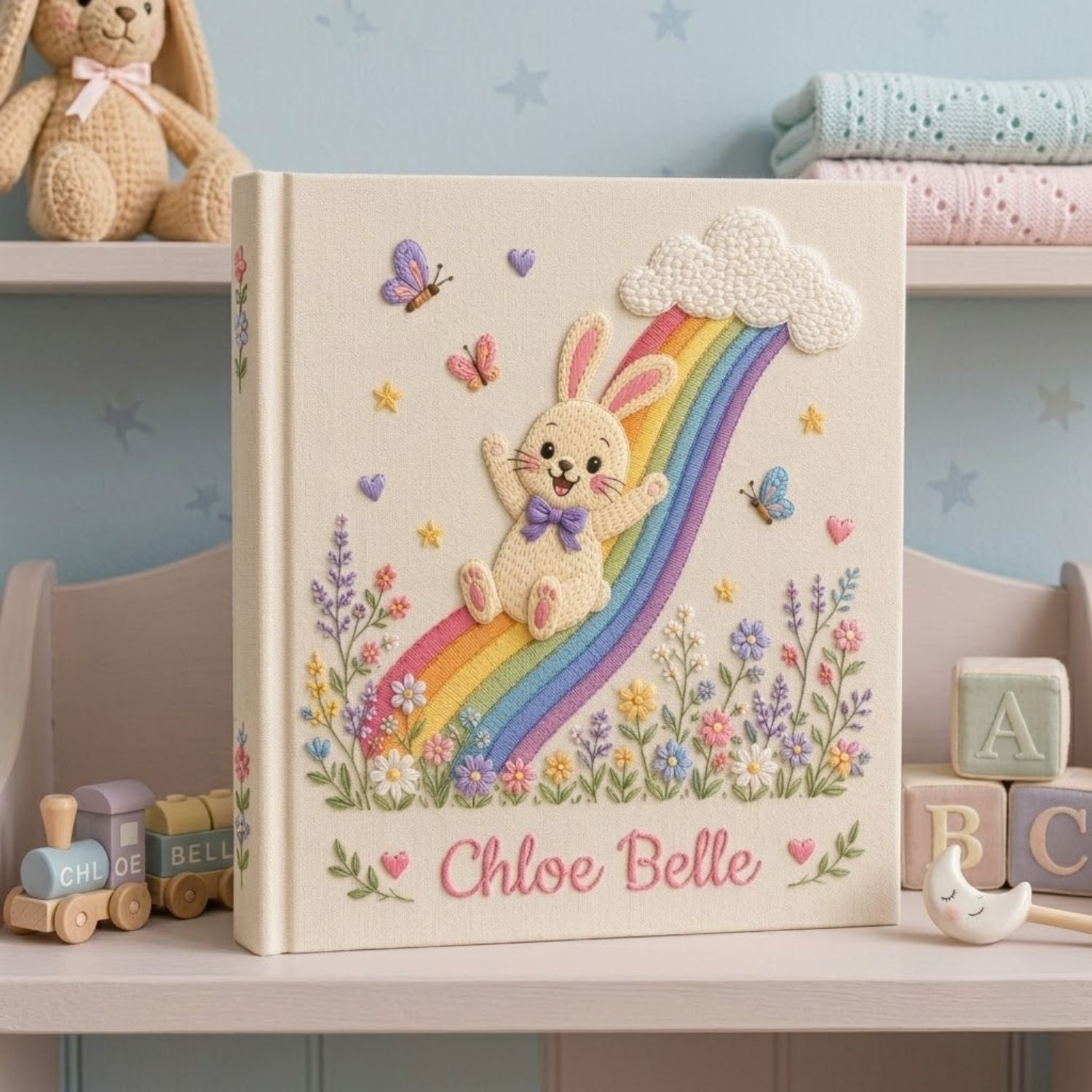 Hand Embroidered Baby Photo Album, Personalized Baby Album, Custom Name Keepsake Book, Bunny Rainbow Baby Memory Book Gift